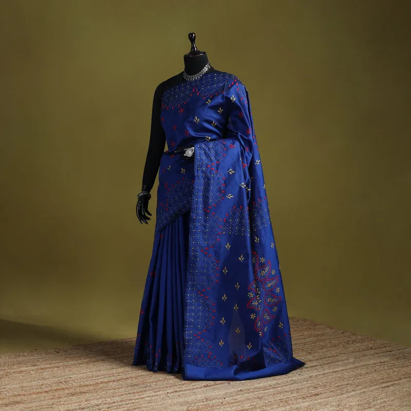 Blue - Bengal Hand Embroidered Silk Nakshi Kantha Saree 14 made by Itokri