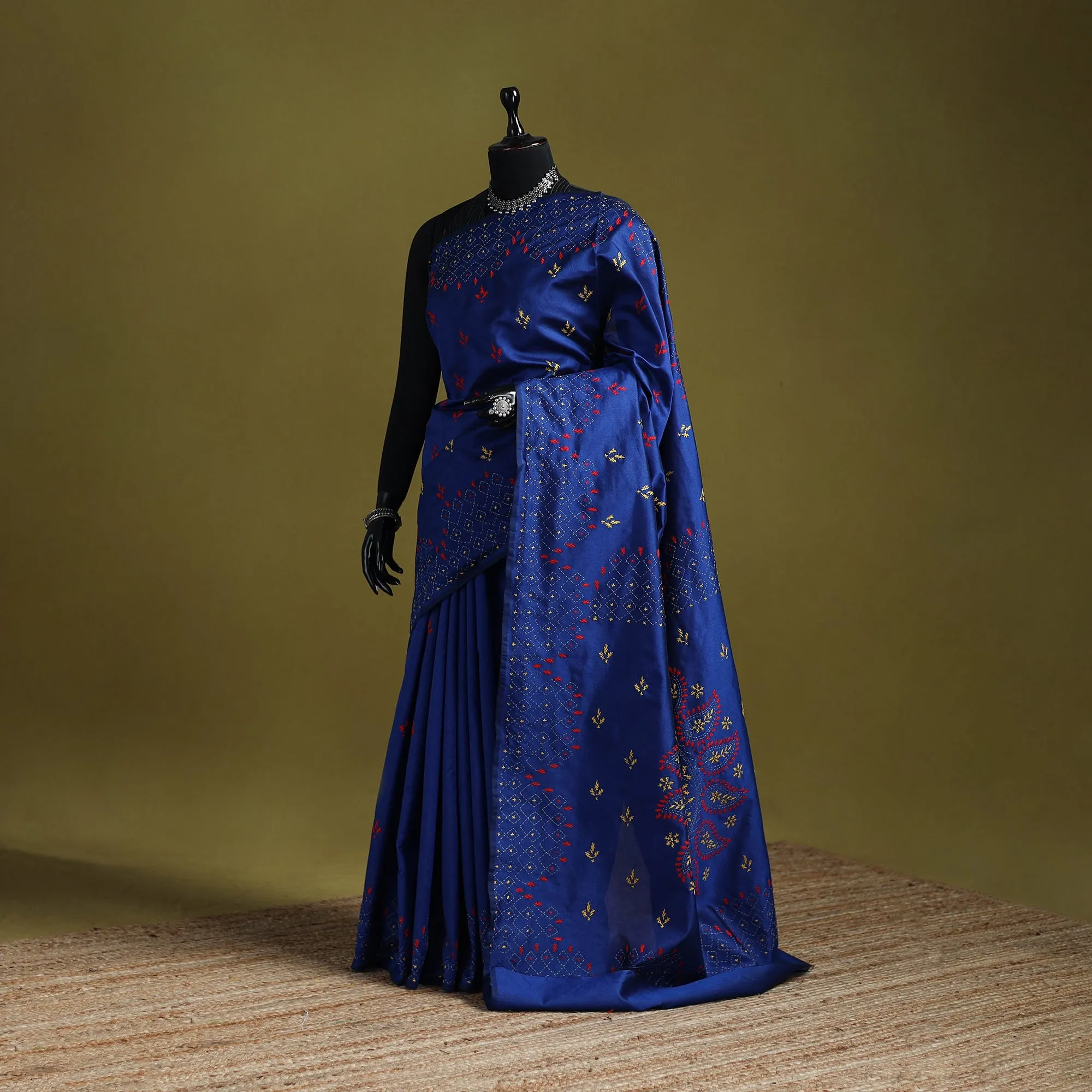 Blue - Bengal Hand Embroidered Silk Nakshi Kantha Saree 14 sold by Itokri