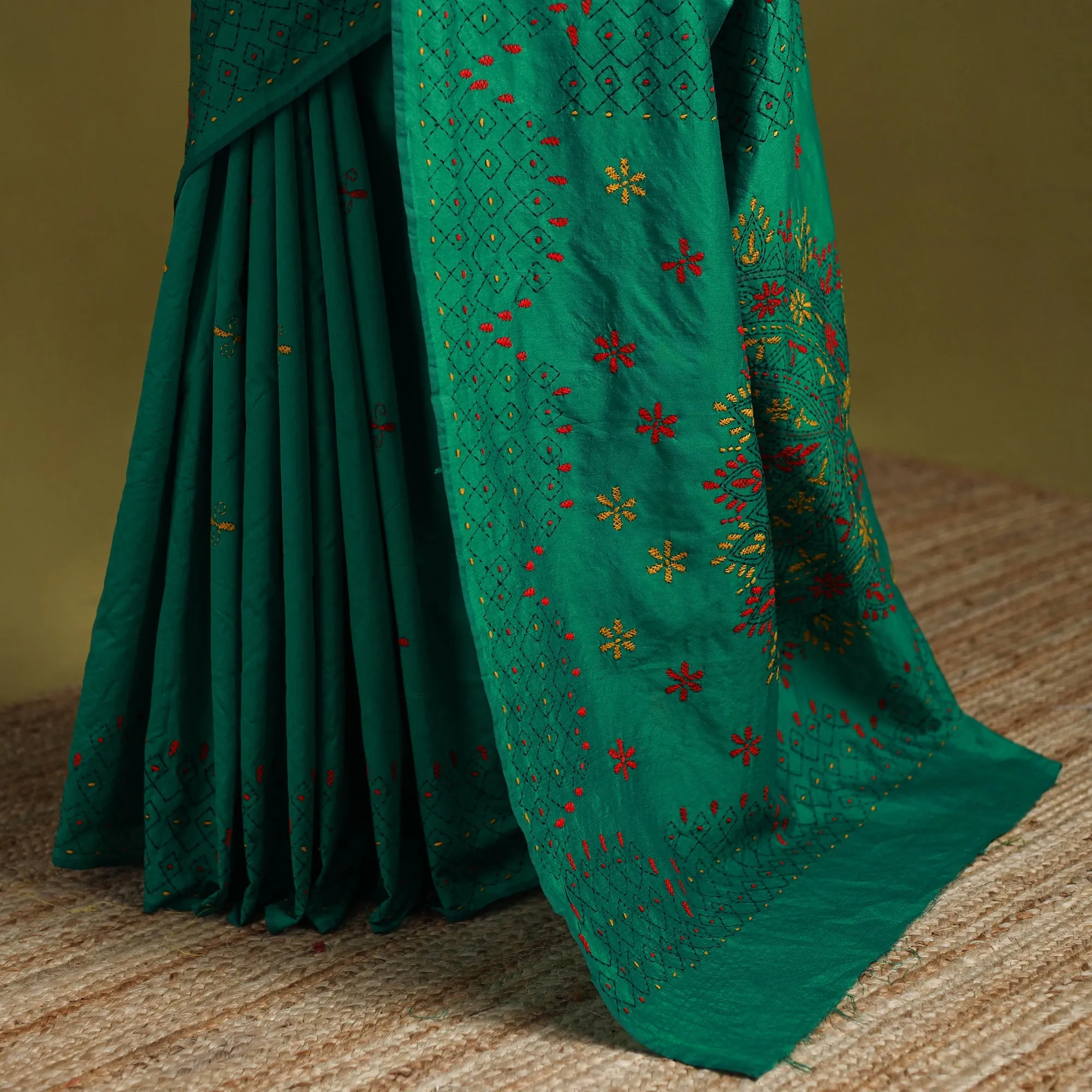 Green - Bengal Hand Embroidered Silk Nakshi Kantha Saree 12 sold by Itokri product image thumbnail 4