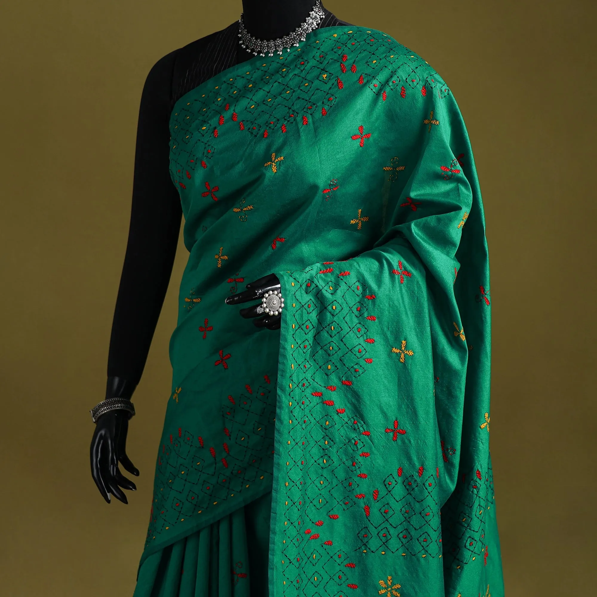 Green - Bengal Hand Embroidered Silk Nakshi Kantha Saree 12 sold by Itokri product image thumbnail 2