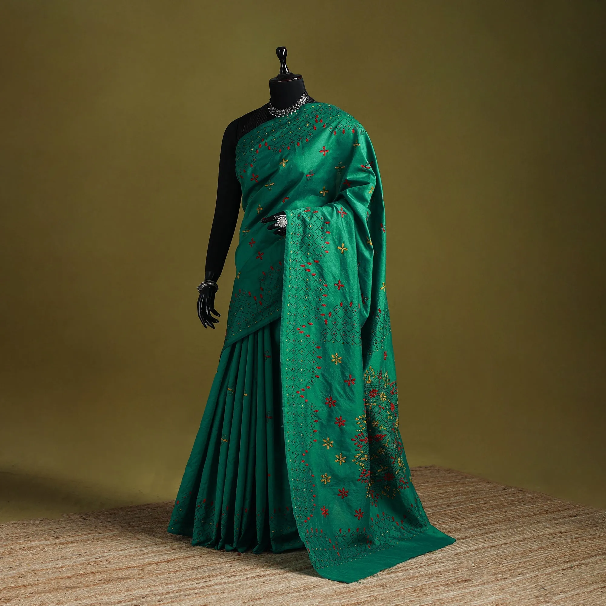 Green - Bengal Hand Embroidered Silk Nakshi Kantha Saree 12 sold by Itokri
