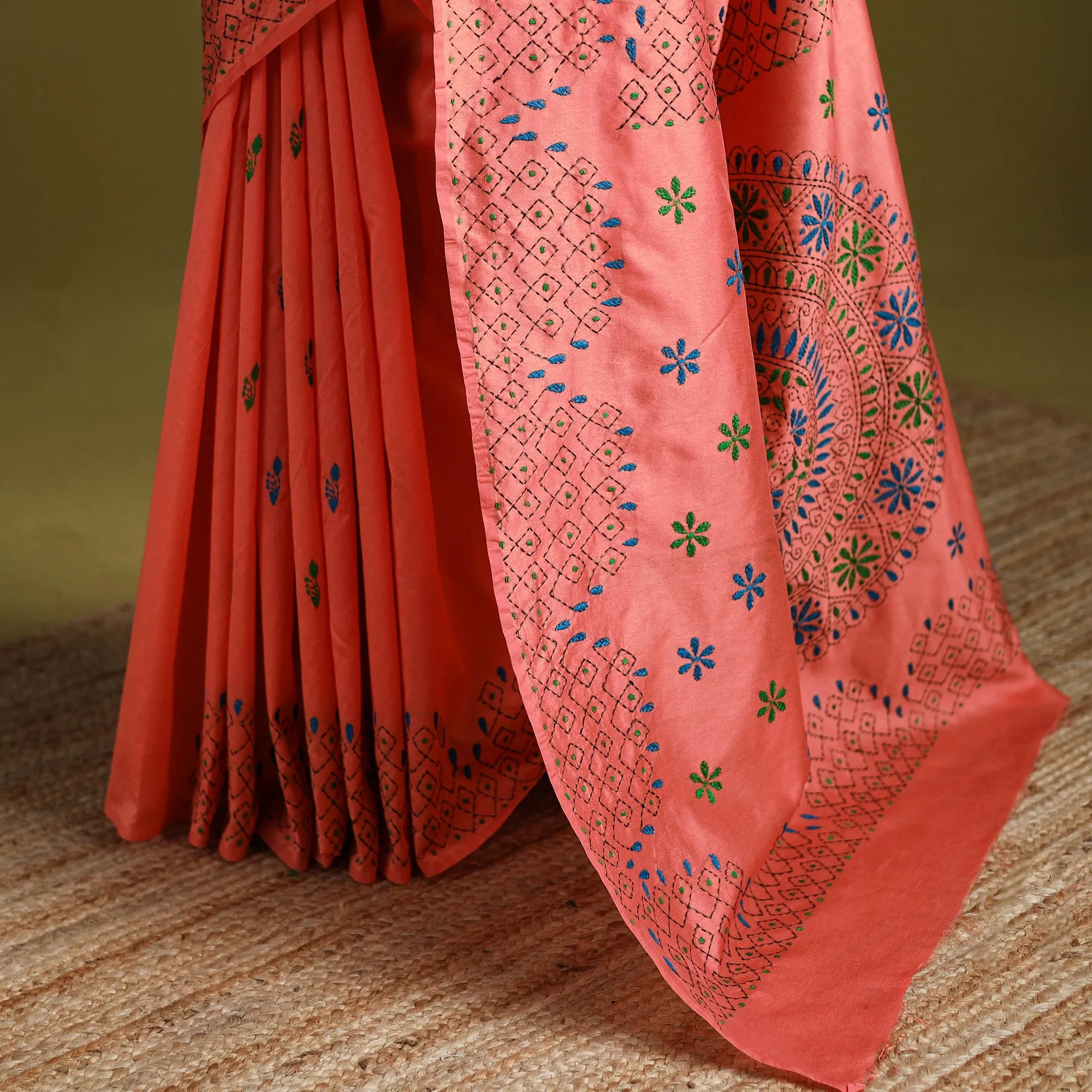 Peach - Bengal Hand Embroidered Silk Nakshi Kantha Saree 09 sold by Itokri product image thumbnail 4