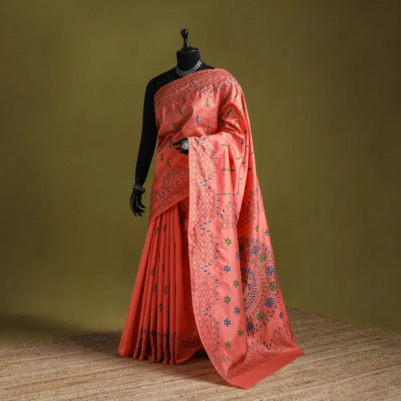 Peach - Bengal Hand Embroidered Silk Nakshi Kantha Saree 09 made by Itokri