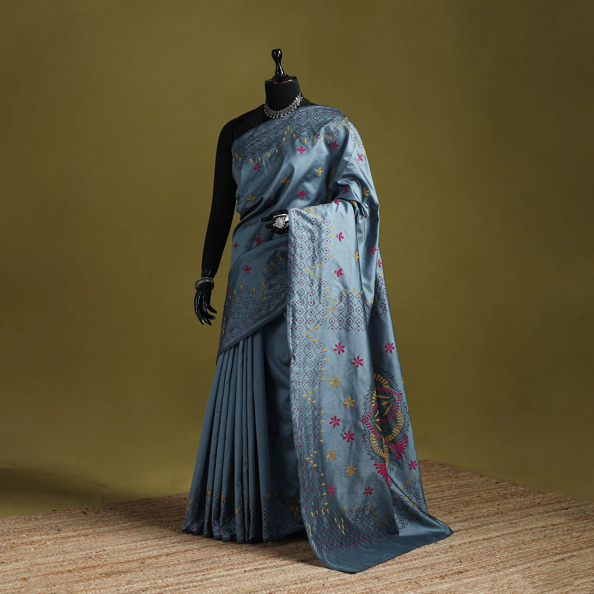 Grey - Bengal Hand Embroidered Silk Nakshi Kantha Saree 08 sold by Itokri