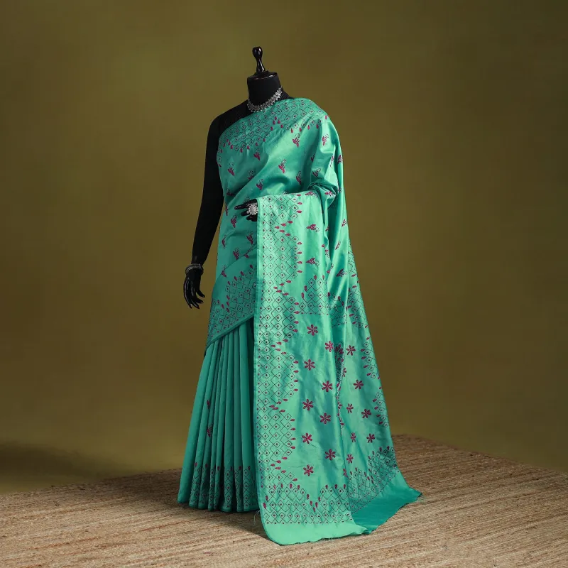 Green - Bengal Hand Embroidered Silk Nakshi Kantha Saree 07 made by Itokri