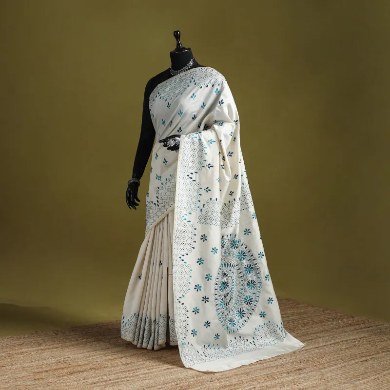 White - Bengal Hand Embroidered Silk Nakshi Kantha Saree 06 sold by Itokri