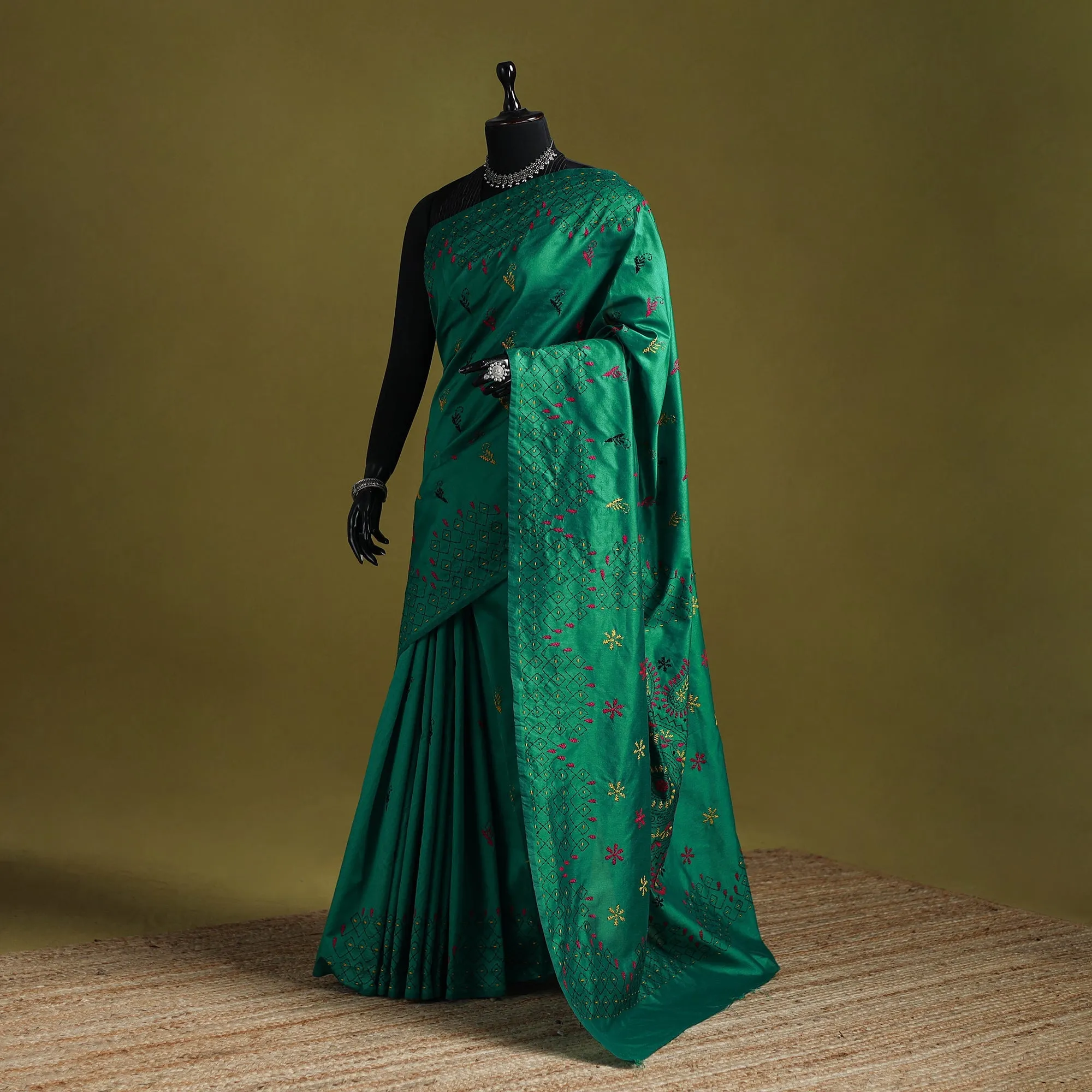 Green - Bengal Hand Embroidered Silk Nakshi Kantha Saree 04 sold by Itokri