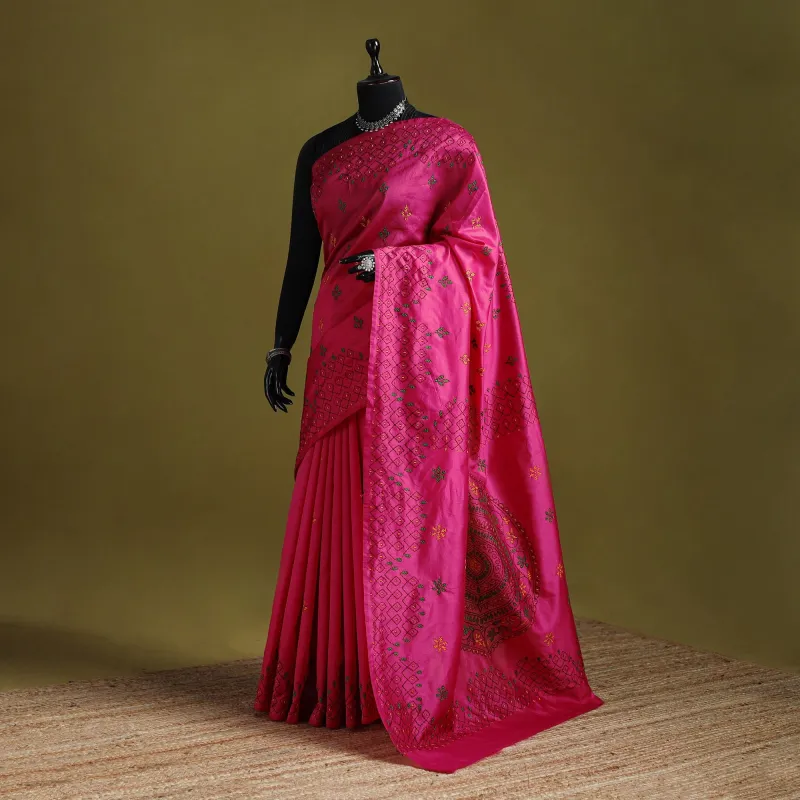 Pink - Bengal Hand Embroidered Silk Nakshi Kantha Saree 03 made by Itokri