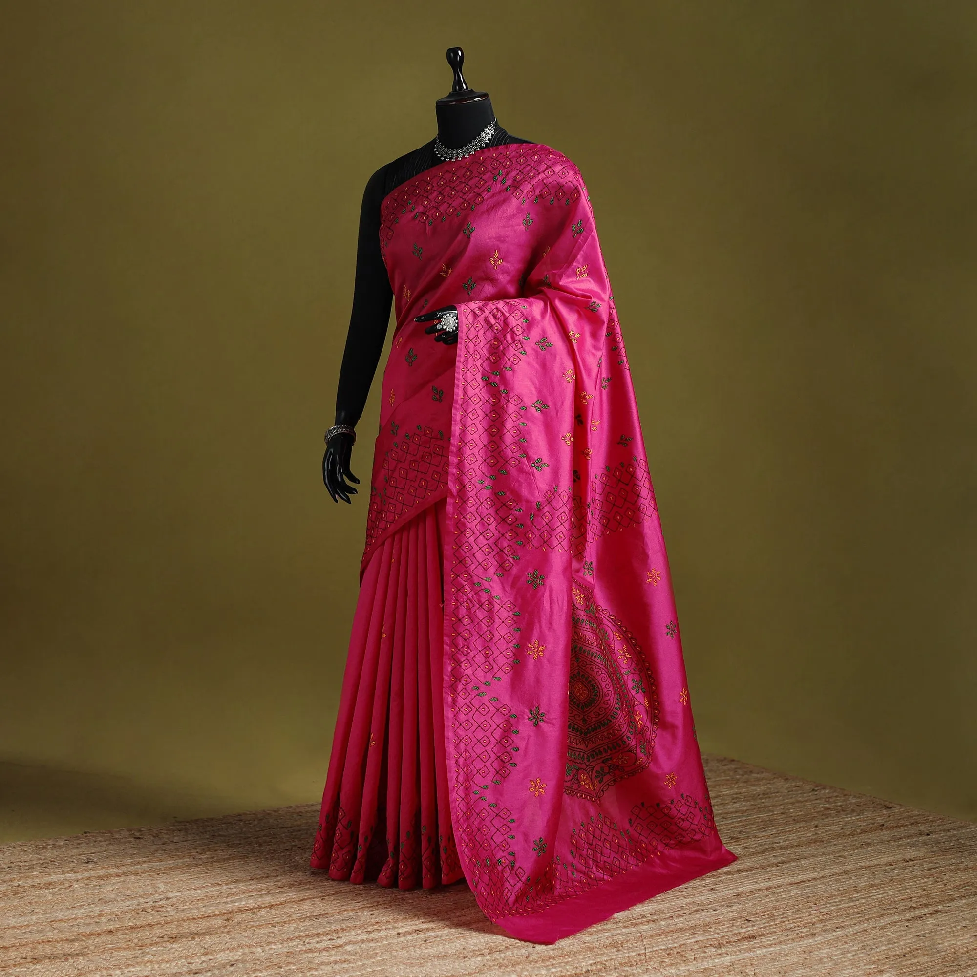 Pink - Bengal Hand Embroidered Silk Nakshi Kantha Saree 03 sold by Itokri