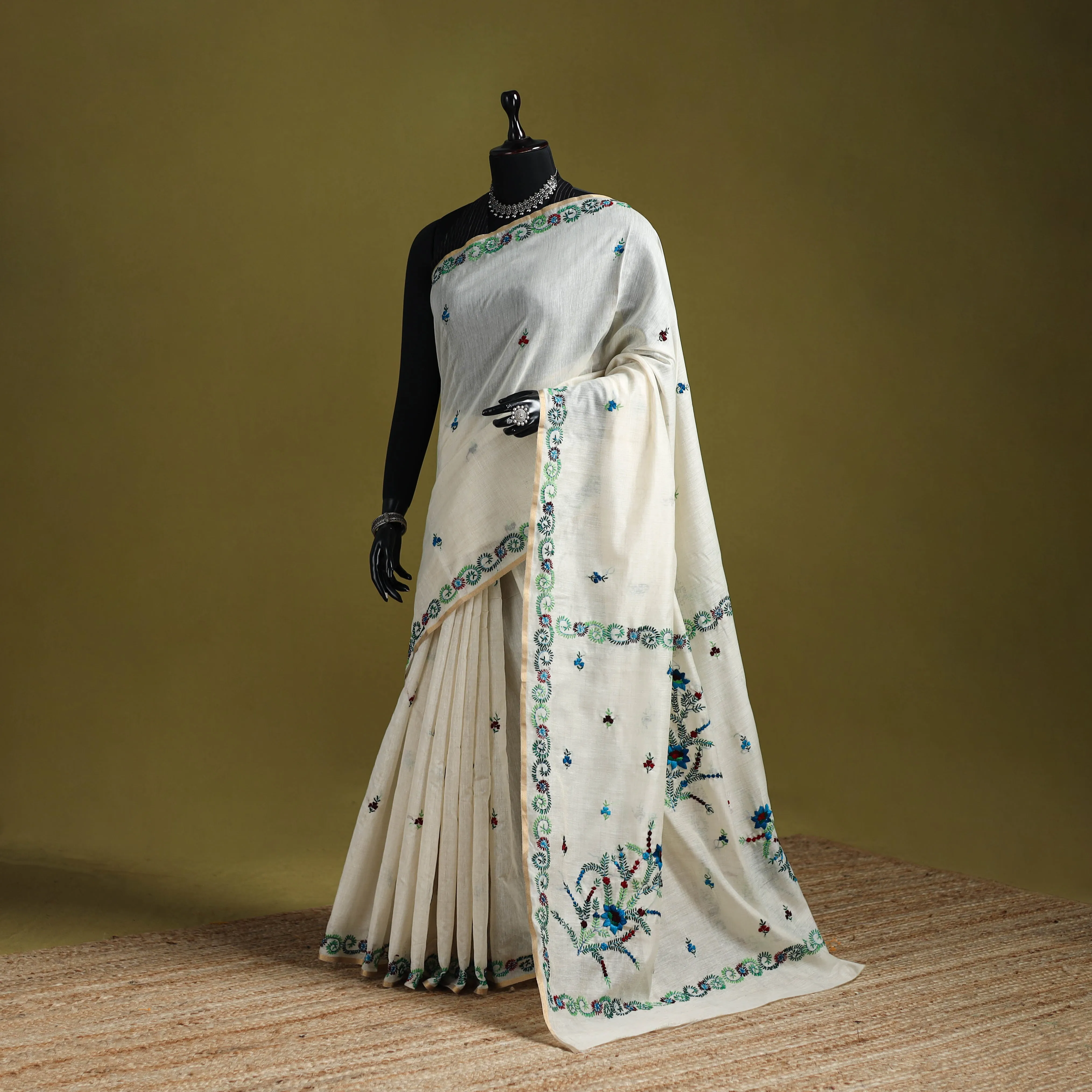 White - Bengal Silk Cotton Hand Embroidered Saree 40 sold by Itokri