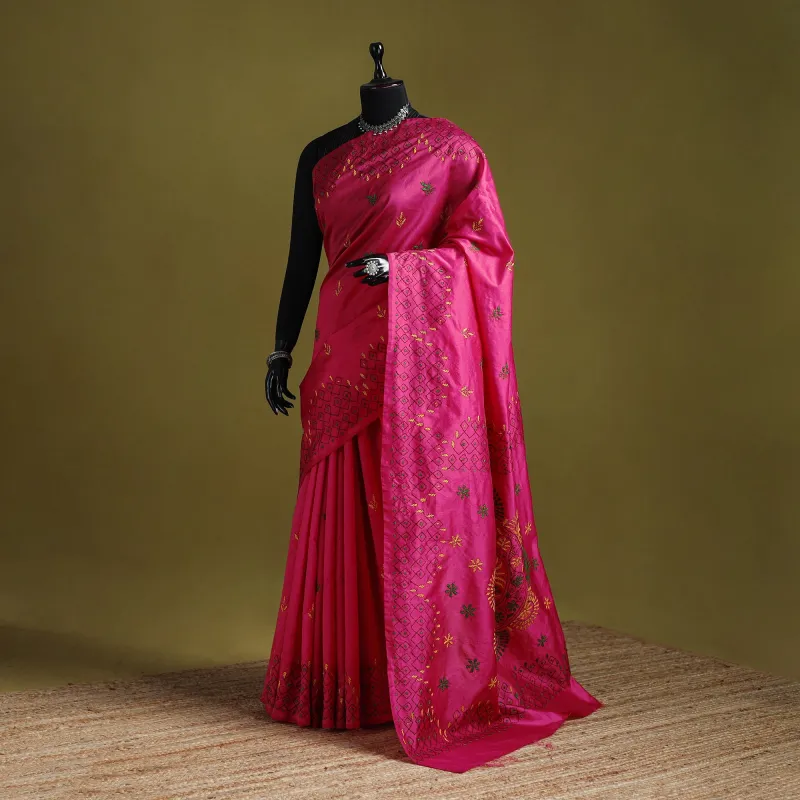 Pink - Bengal Hand Embroidered Silk Nakshi Kantha Saree 02 made by Itokri