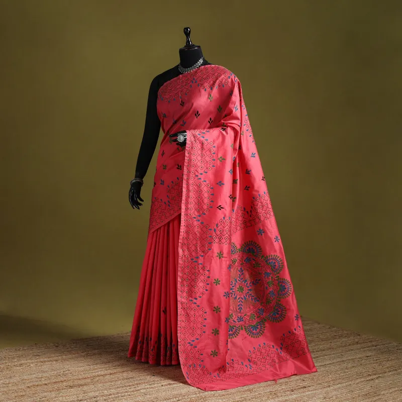 Pink - Bengal Hand Embroidered Silk Nakshi Kantha Saree 01 made by Itokri