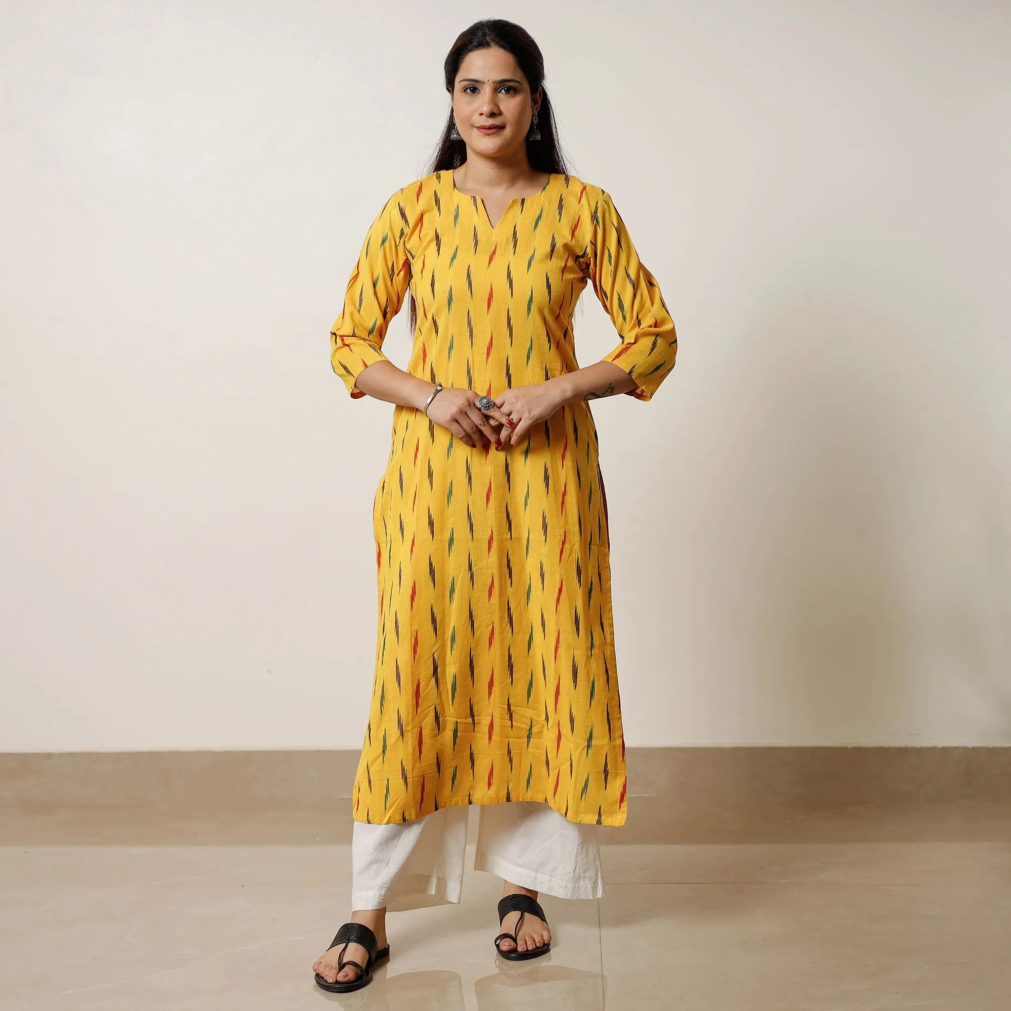 Yellow - Pochampally Ikat Weave Cotton Long Straight Kurta 04 sold by Itokri product image thumbnail 2