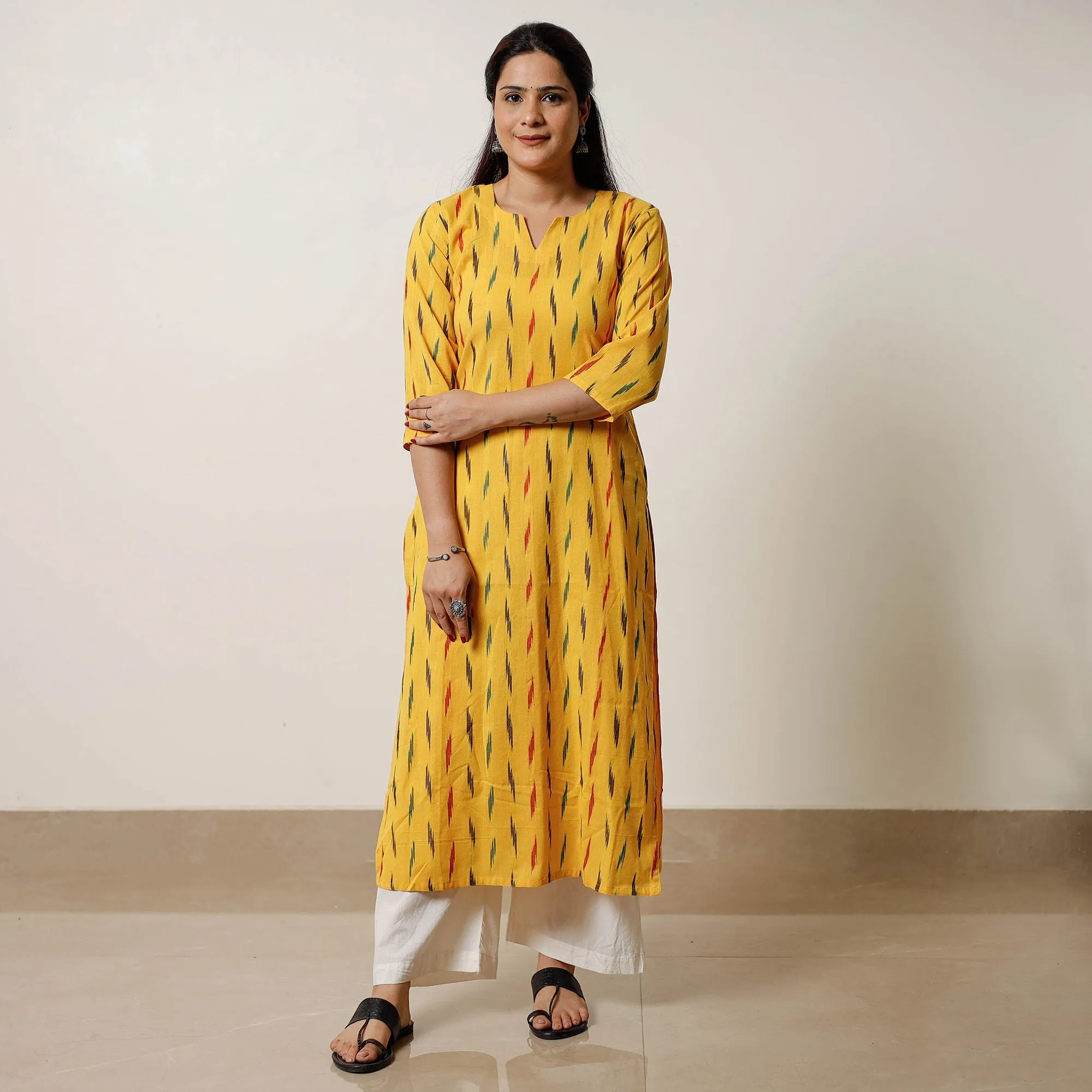 Yellow - Pochampally Ikat Weave Cotton Long Straight Kurta 04 sold by Itokri product image thumbnail 5