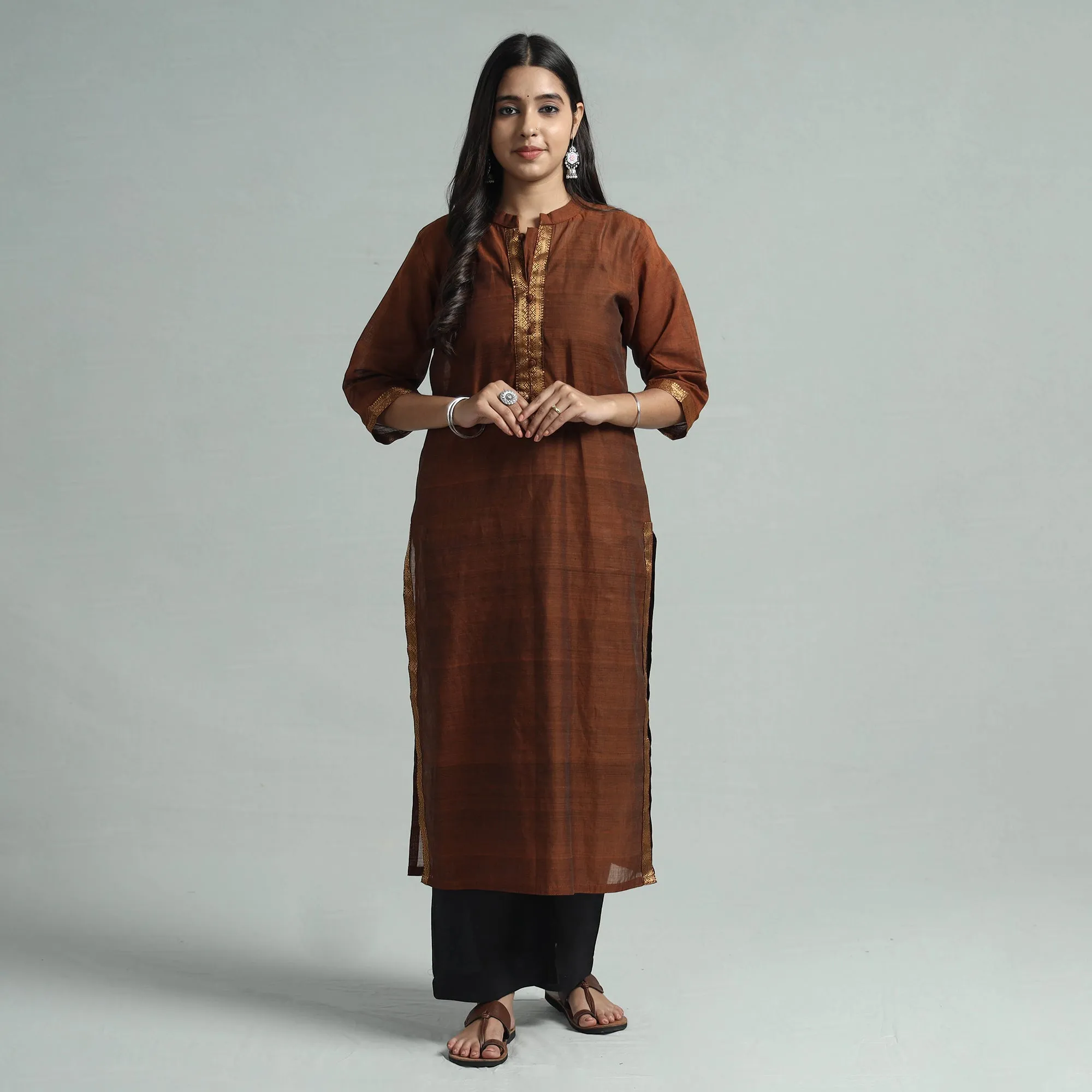 Brown - Mangalagiri Handloom Cotton Kurta with Palazzo & Dupatta Set sold by Itokri product image thumbnail 3