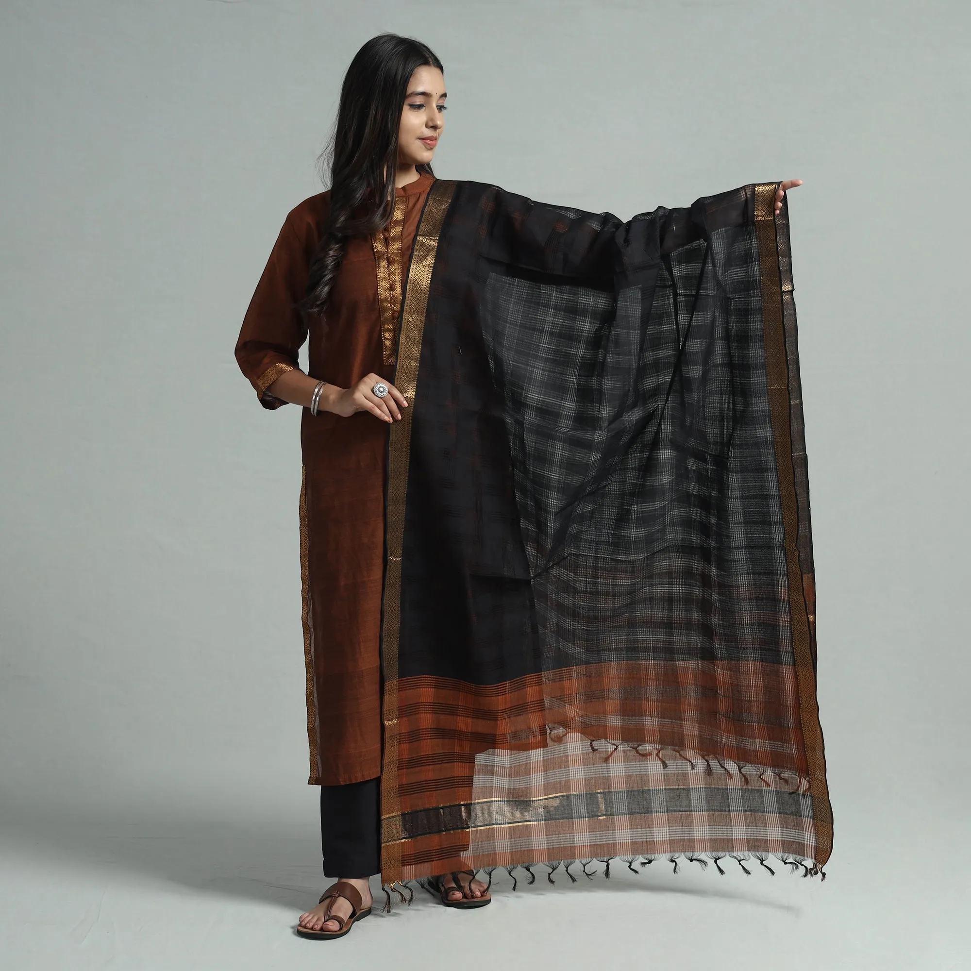 Brown - Mangalagiri Handloom Cotton Kurta with Palazzo & Dupatta Set sold by Itokri product image thumbnail 2