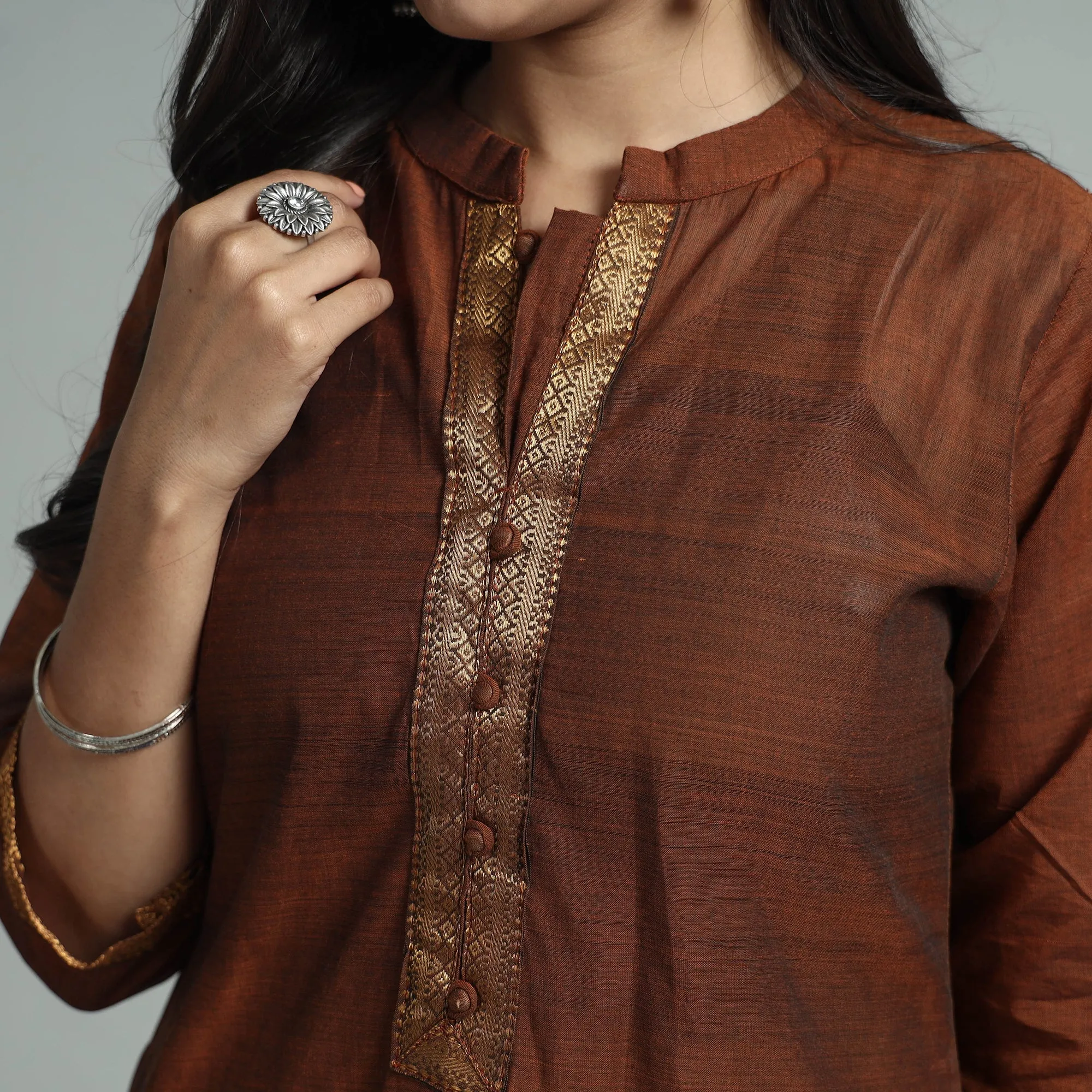 Brown - Mangalagiri Handloom Cotton Kurta with Palazzo & Dupatta Set sold by Itokri product image thumbnail 5