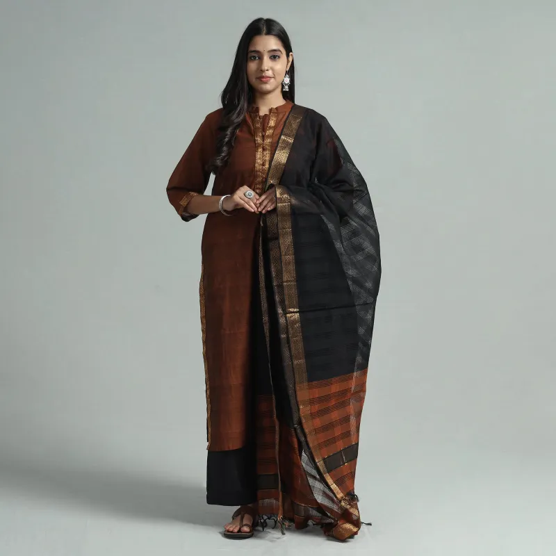 Brown - Mangalagiri Handloom Cotton Kurta with Palazzo & Dupatta Set sold by Itokri
