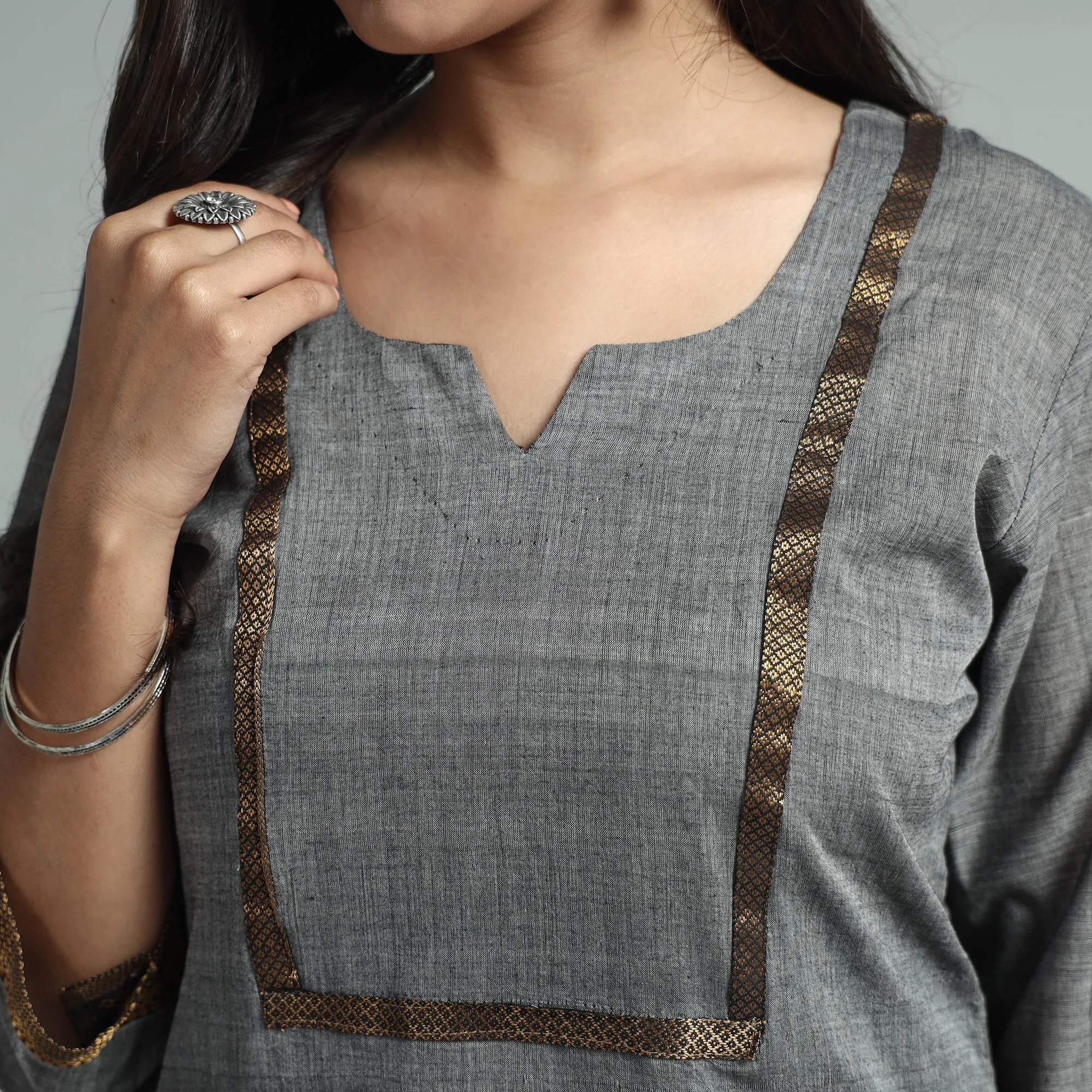 Grey - Mangalagiri Handloom Cotton Kurta with Palazzo & Dupatta Set sold by Itokri product image thumbnail 5