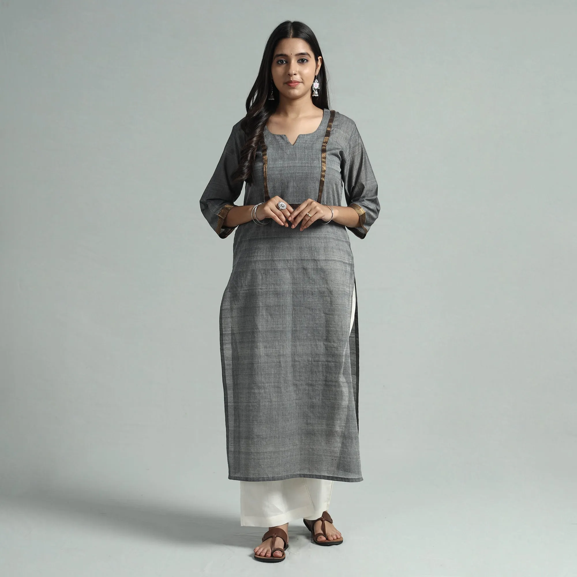 Grey - Mangalagiri Handloom Cotton Kurta with Palazzo & Dupatta Set sold by Itokri product image thumbnail 3