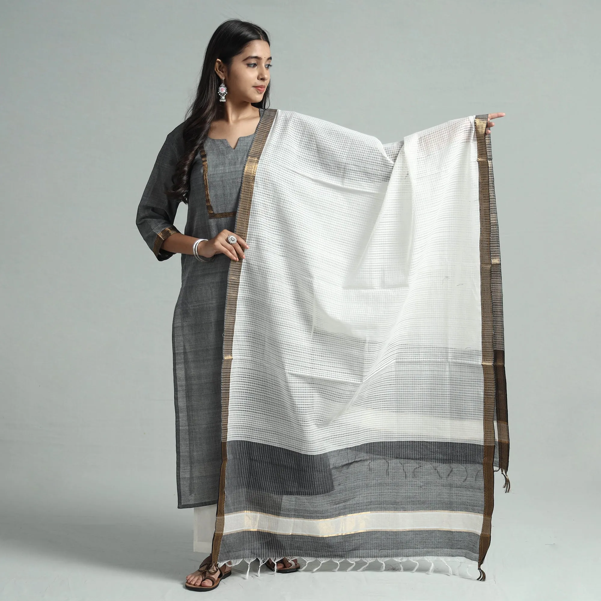 Grey - Mangalagiri Handloom Cotton Kurta with Palazzo & Dupatta Set sold by Itokri product image thumbnail 2