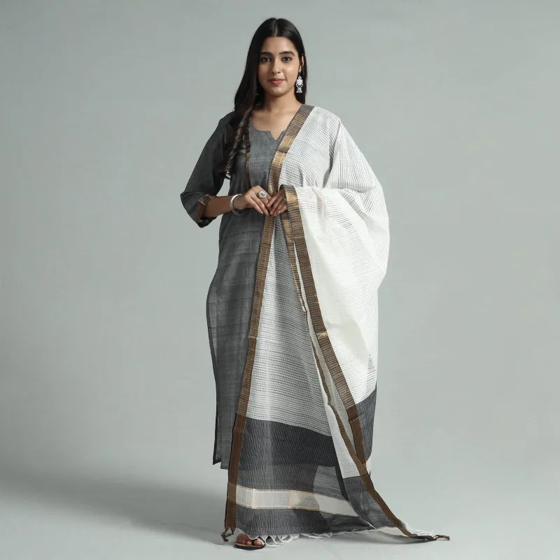 Grey - Mangalagiri Handloom Cotton Kurta with Palazzo & Dupatta Set sold by Itokri