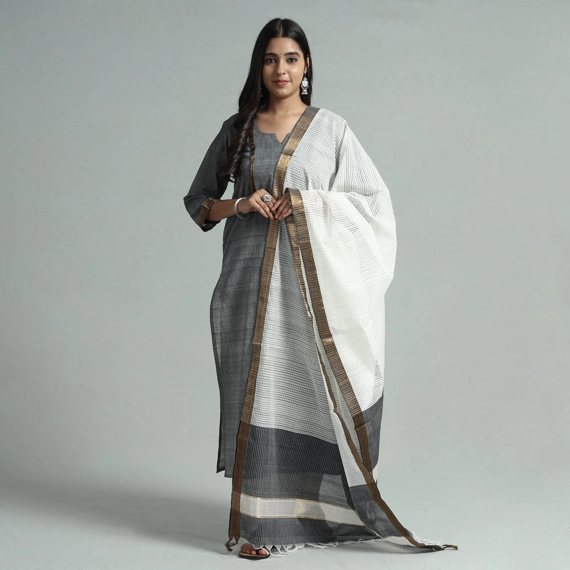 Grey - Mangalagiri Handloom Cotton Kurta with Palazzo & Dupatta Set sold by Itokri