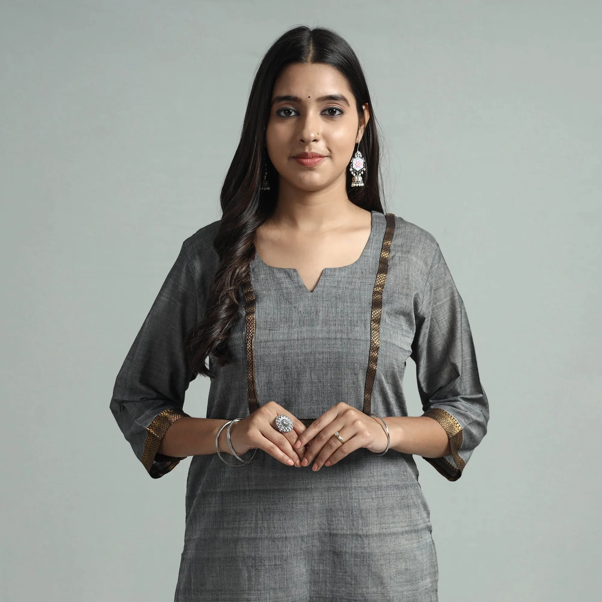 Grey - Mangalagiri Handloom Cotton Kurta with Palazzo & Dupatta Set sold by Itokri product image thumbnail 4