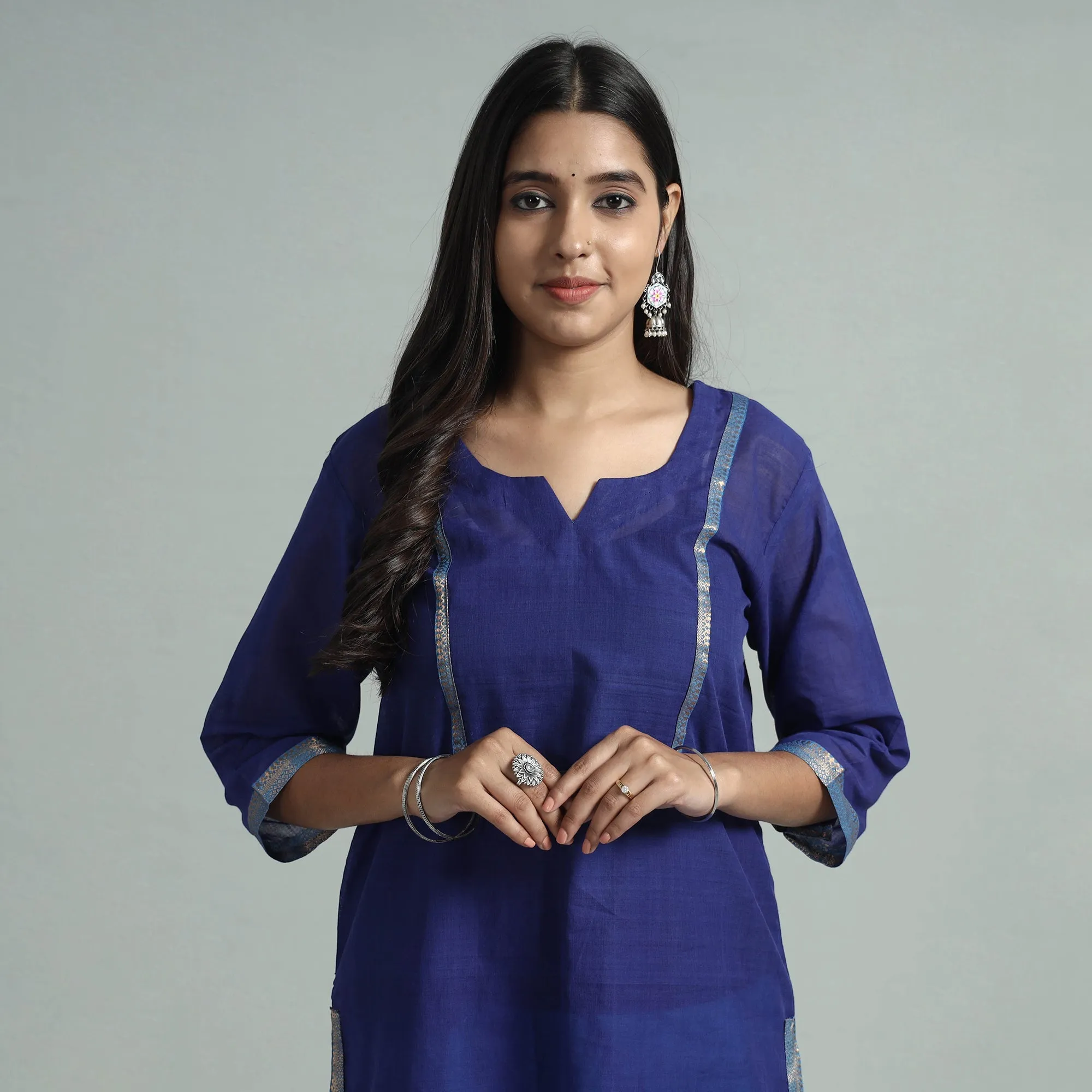 Blue - Mangalagiri Handloom Cotton Kurta with Palazzo & Dupatta Set sold by Itokri product image thumbnail 4