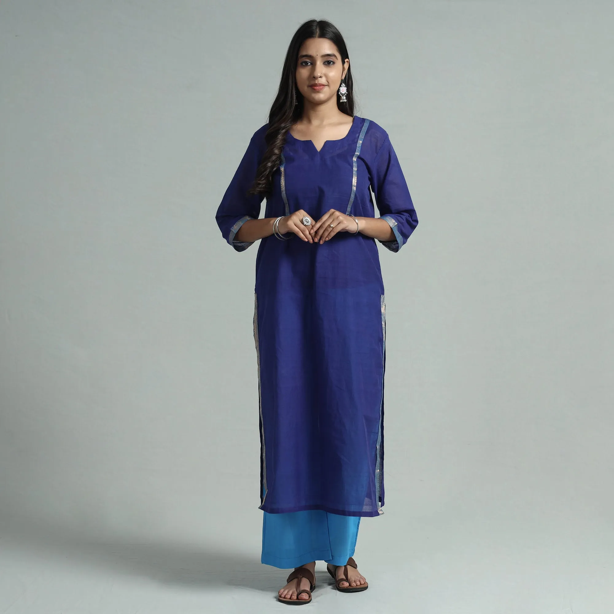 Blue - Mangalagiri Handloom Cotton Kurta with Palazzo & Dupatta Set sold by Itokri product image thumbnail 3