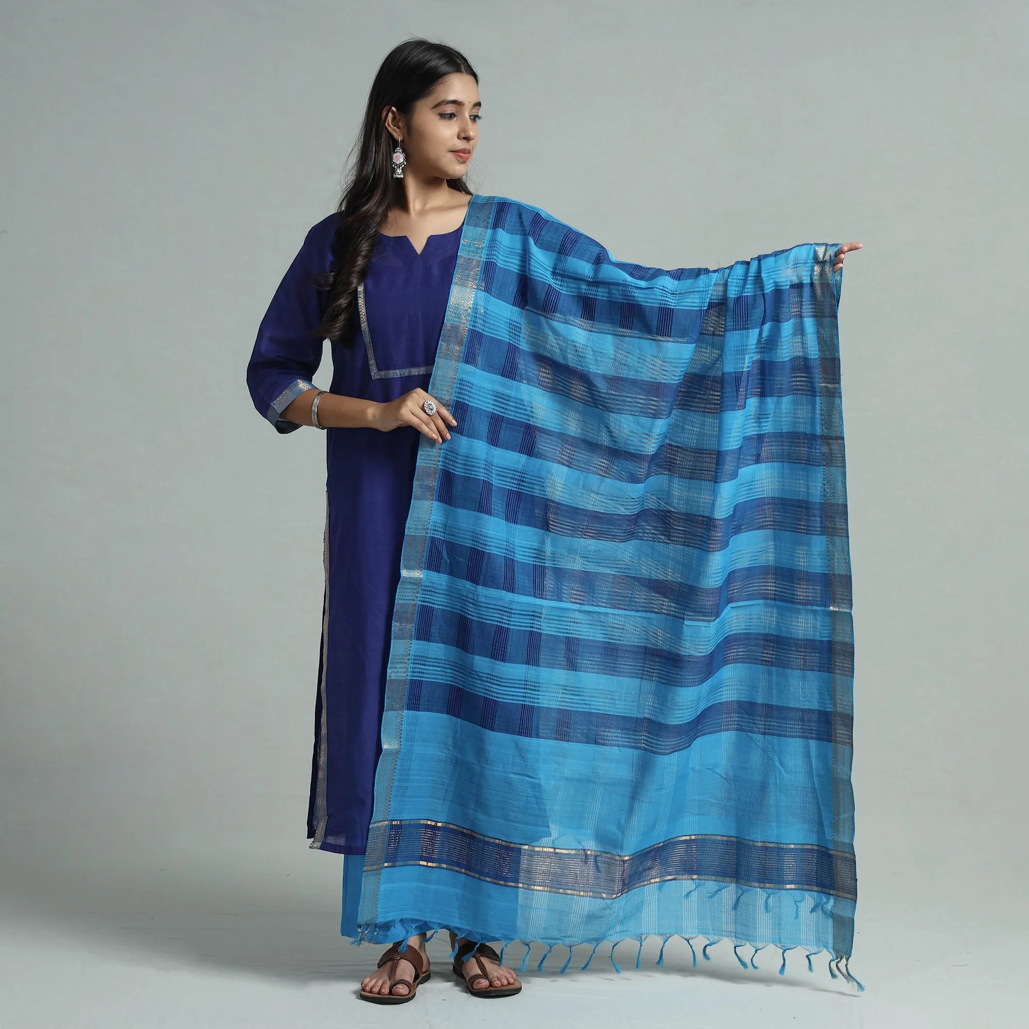 Blue - Mangalagiri Handloom Cotton Kurta with Palazzo & Dupatta Set sold by Itokri product image thumbnail 2