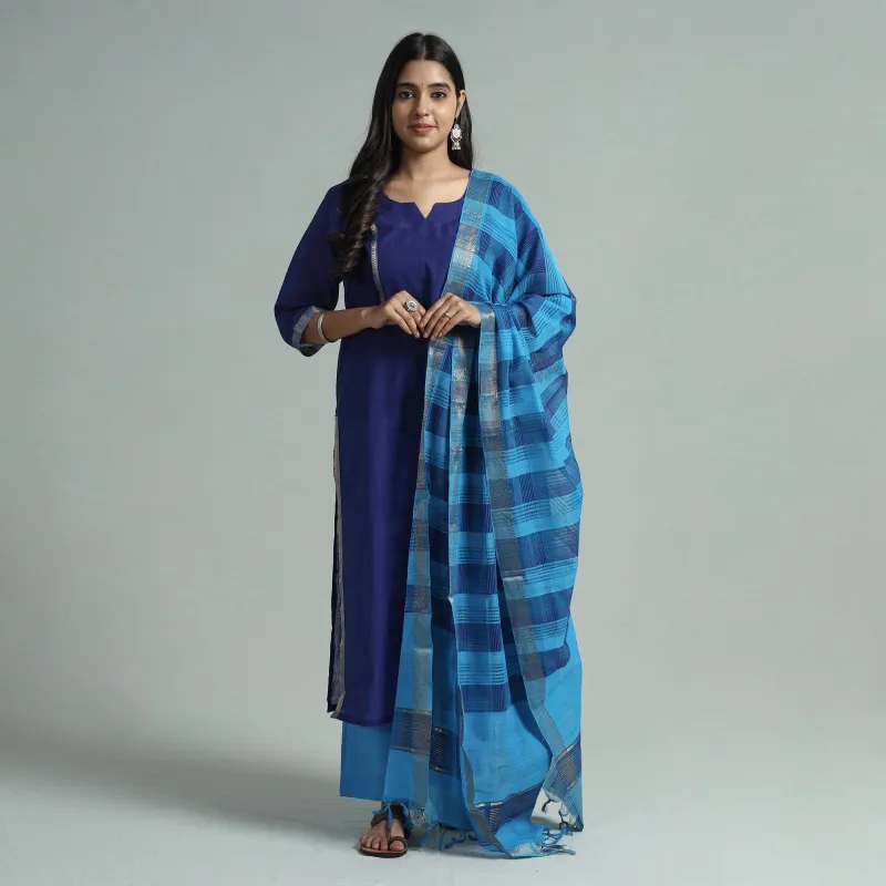 Blue - Mangalagiri Handloom Cotton Kurta with Palazzo & Dupatta Set sold by Itokri