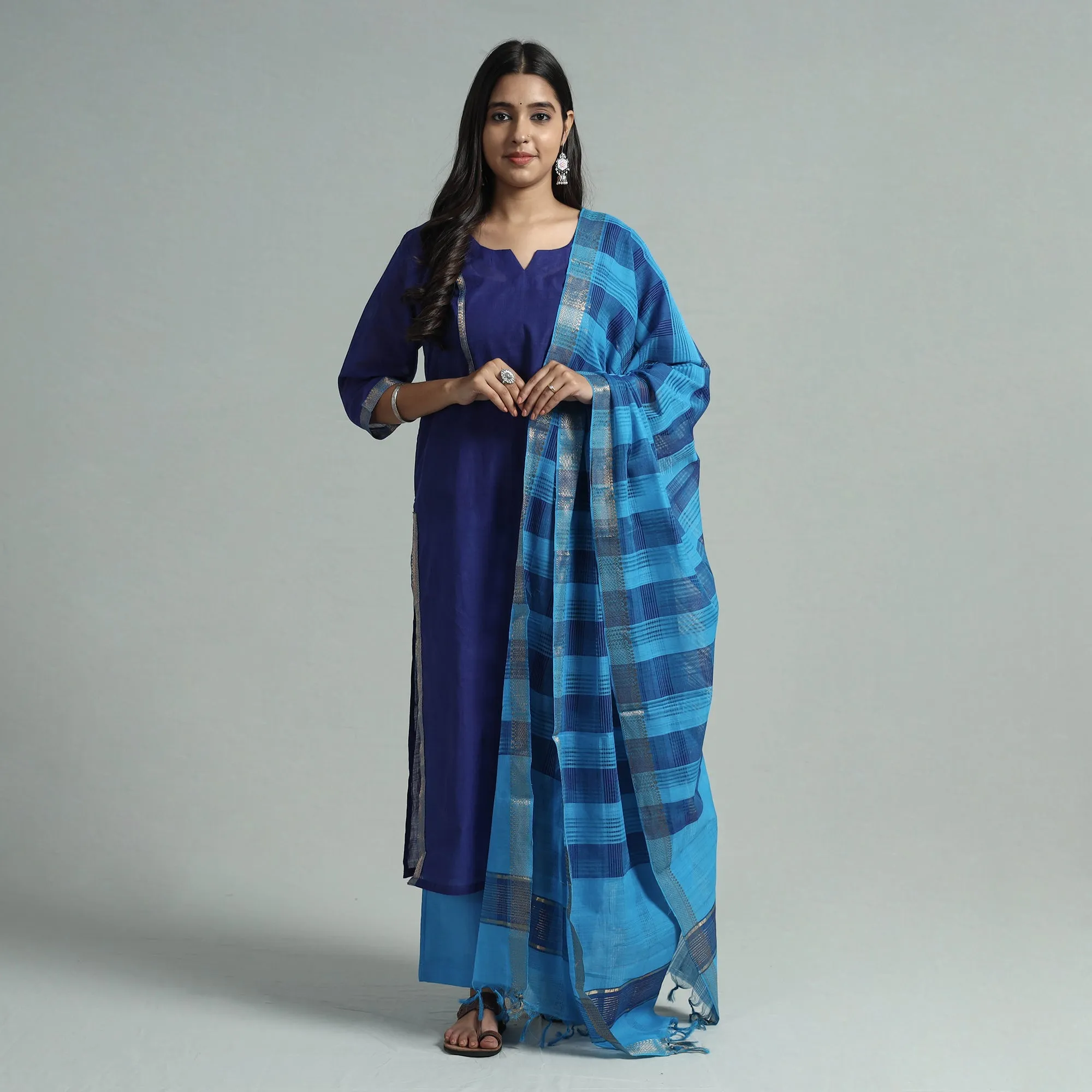 Blue - Mangalagiri Handloom Cotton Kurta with Palazzo & Dupatta Set sold by Itokri