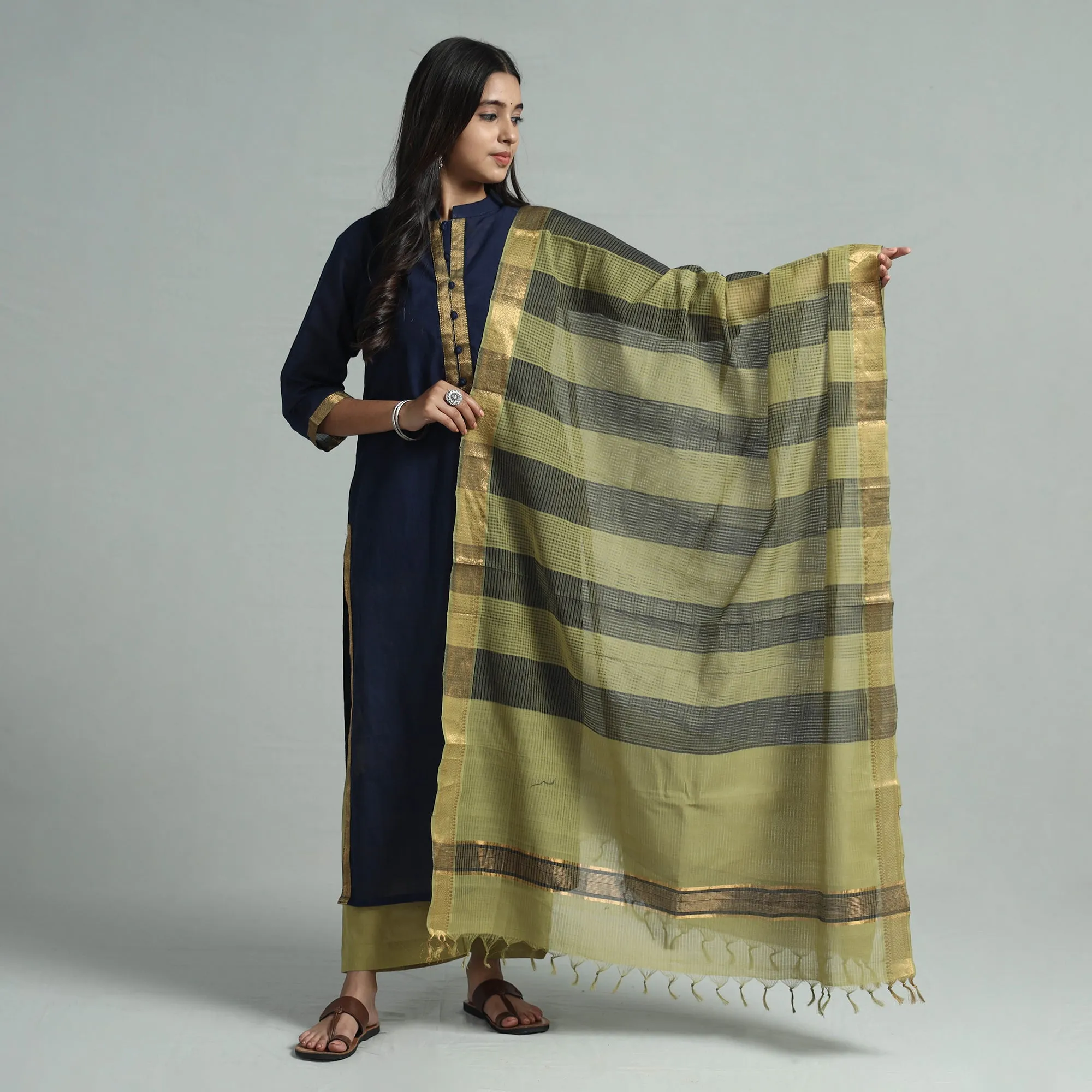 Navy Blue - Mangalagiri Handloom Cotton Kurta with Palazzo & Dupatta Set sold by Itokri product image thumbnail 2