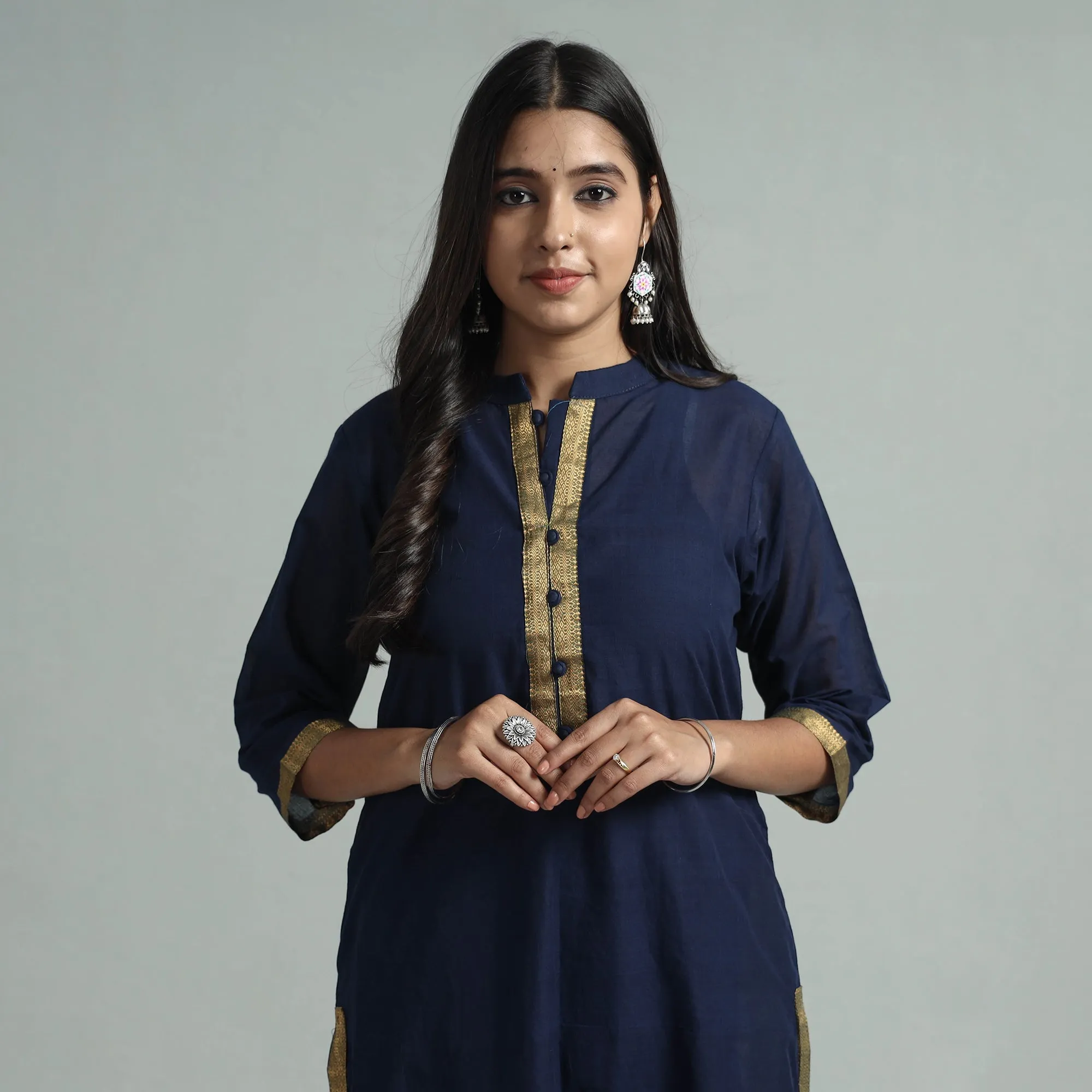 Navy Blue - Mangalagiri Handloom Cotton Kurta with Palazzo & Dupatta Set sold by Itokri product image thumbnail 4