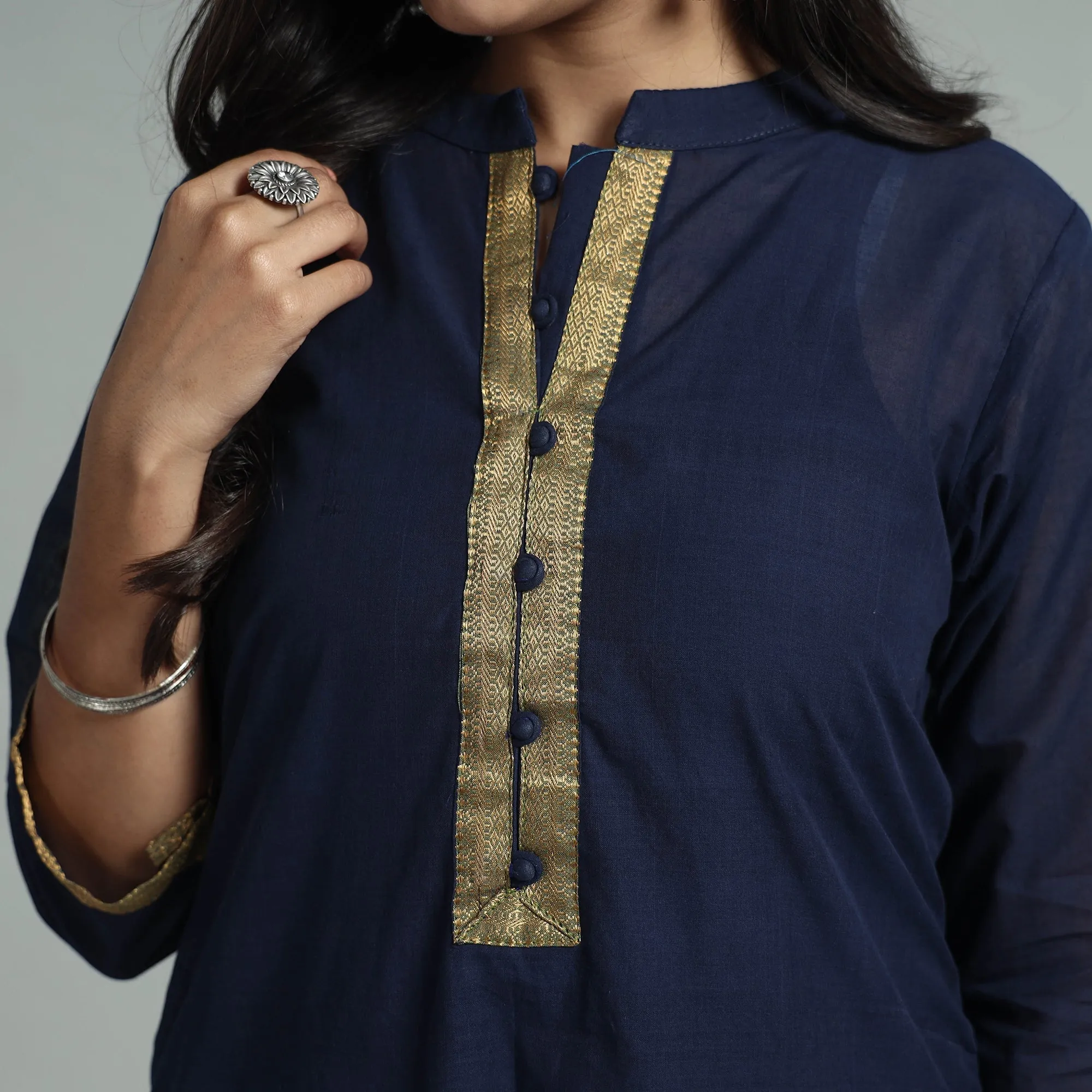Navy Blue - Mangalagiri Handloom Cotton Kurta with Palazzo & Dupatta Set sold by Itokri product image thumbnail 5