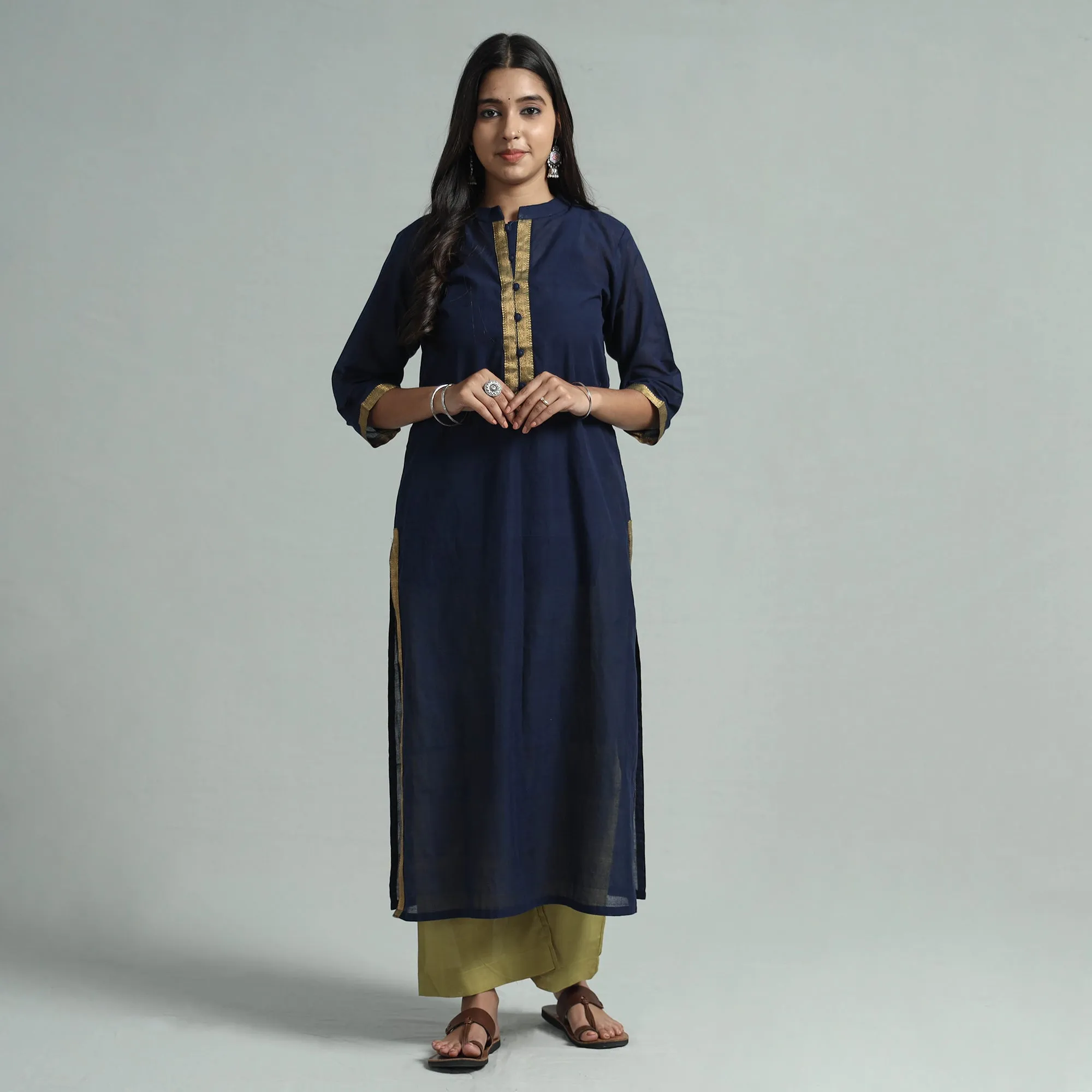 Navy Blue - Mangalagiri Handloom Cotton Kurta with Palazzo & Dupatta Set sold by Itokri product image thumbnail 3