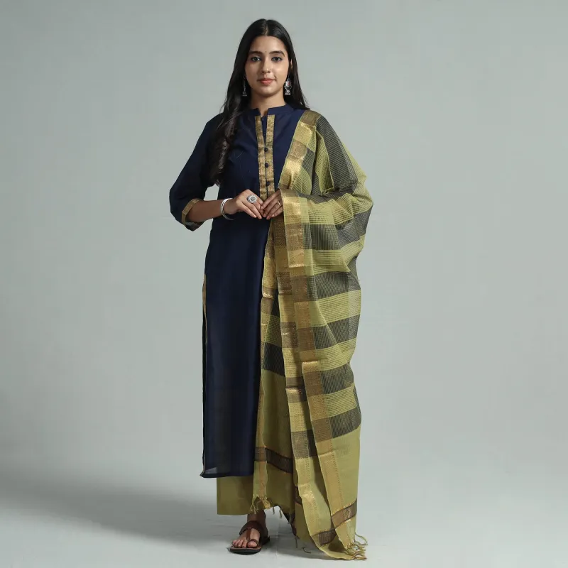 Navy Blue - Mangalagiri Handloom Cotton Kurta with Palazzo & Dupatta Set sold by Itokri