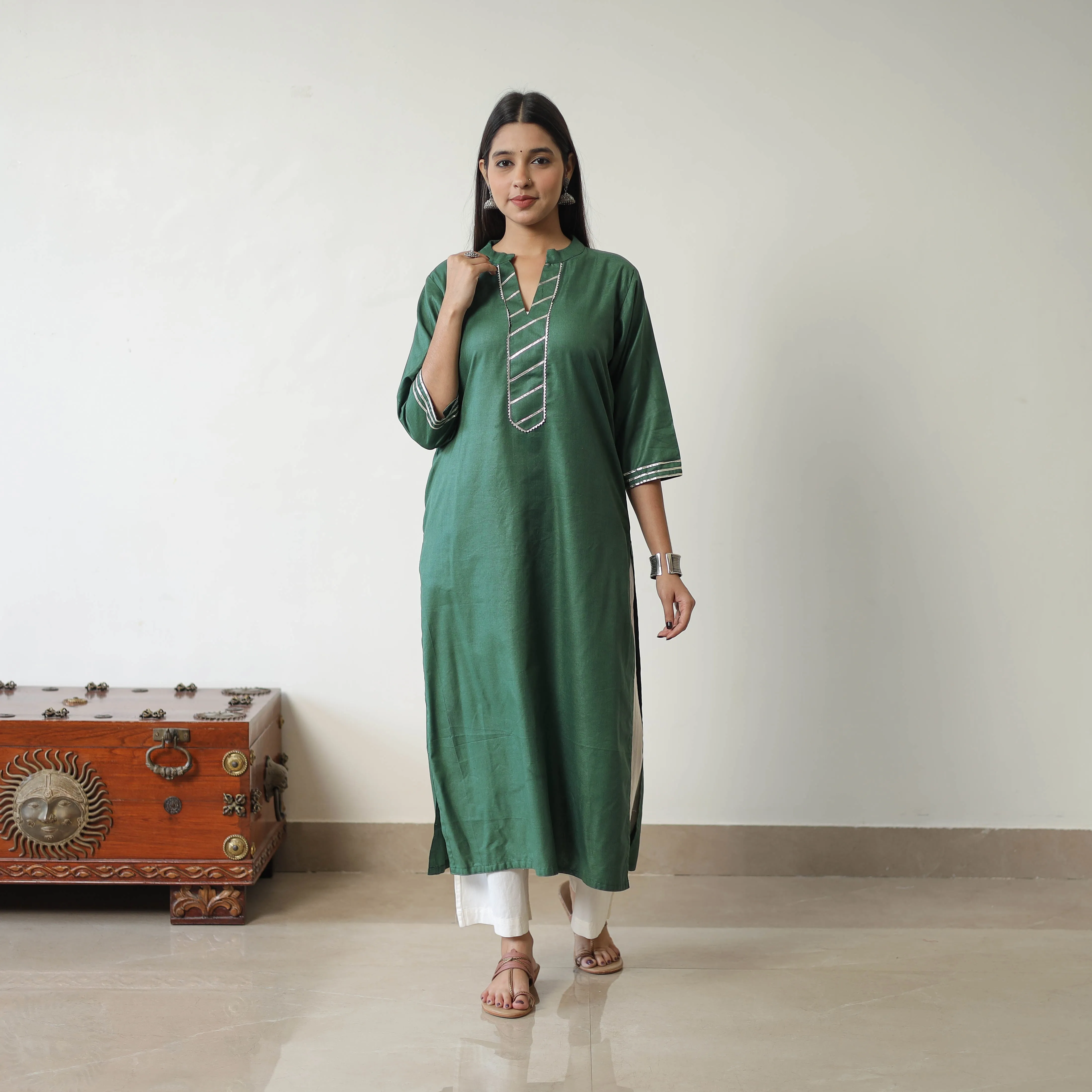 Mahira Green Linen Cotton Plain Kurta with Gota Work sold by Itokri product image thumbnail 3