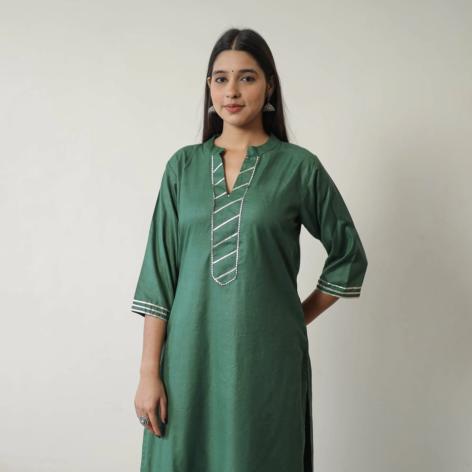 Mahira Green Linen Cotton Plain Kurta with Gota Work sold by Itokri
