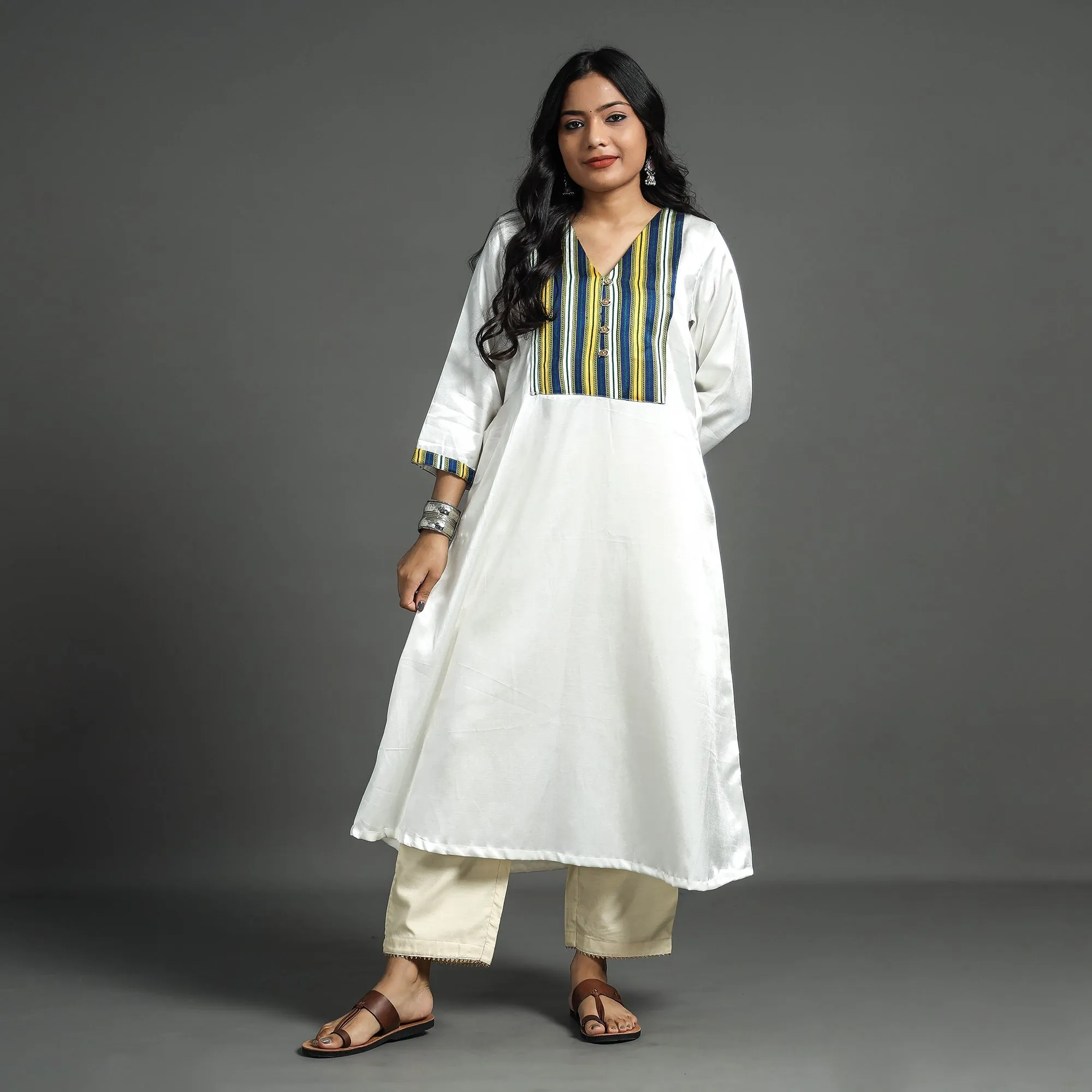 White - Plain Mashru Silk with Patchwork Floral Kurta sold by Itokri