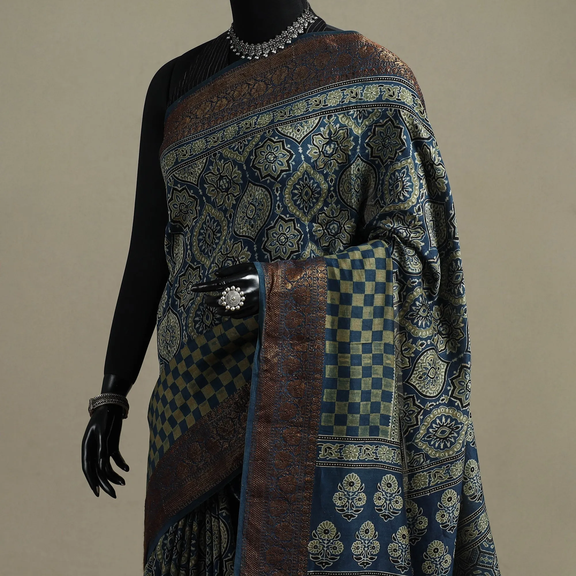 Blue - Natural Dyed Hand Block Print Chanderi Silk Ajrakh Saree with Zari Border 01 sold by Itokri product image thumbnail 2