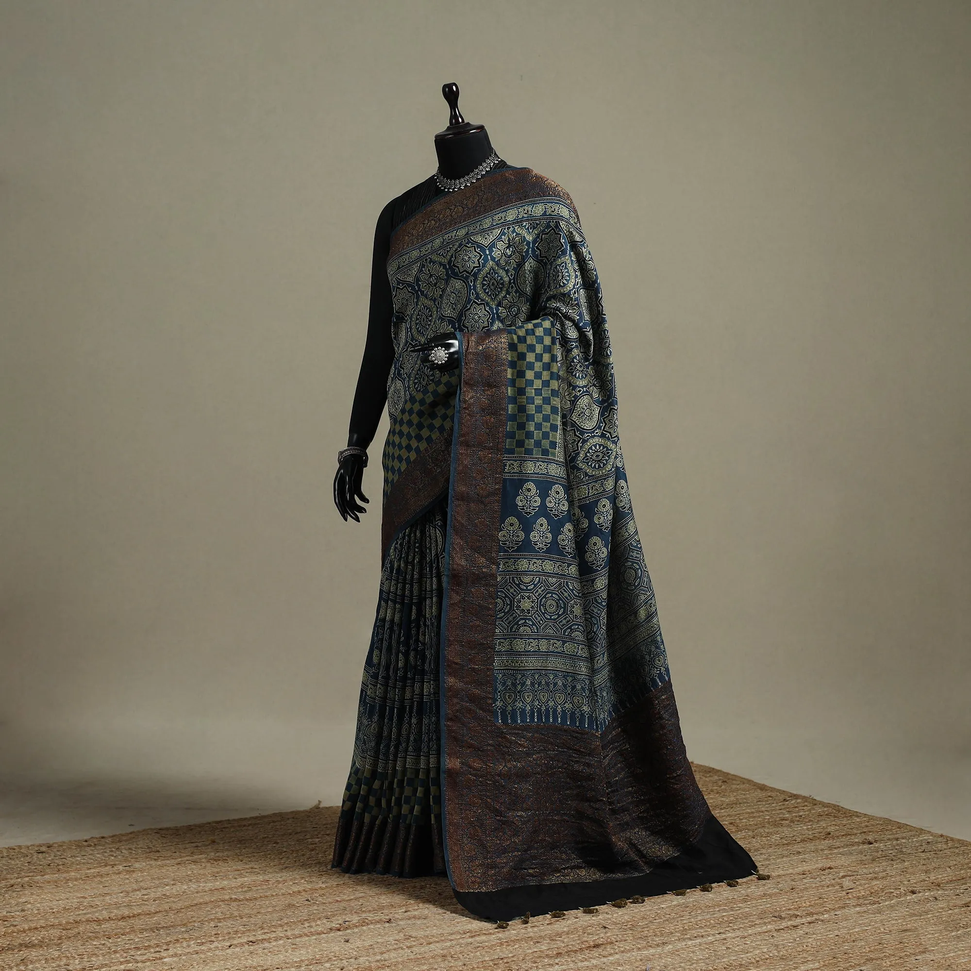 Blue - Natural Dyed Hand Block Print Chanderi Silk Ajrakh Saree with Zari Border 01 sold by Itokri