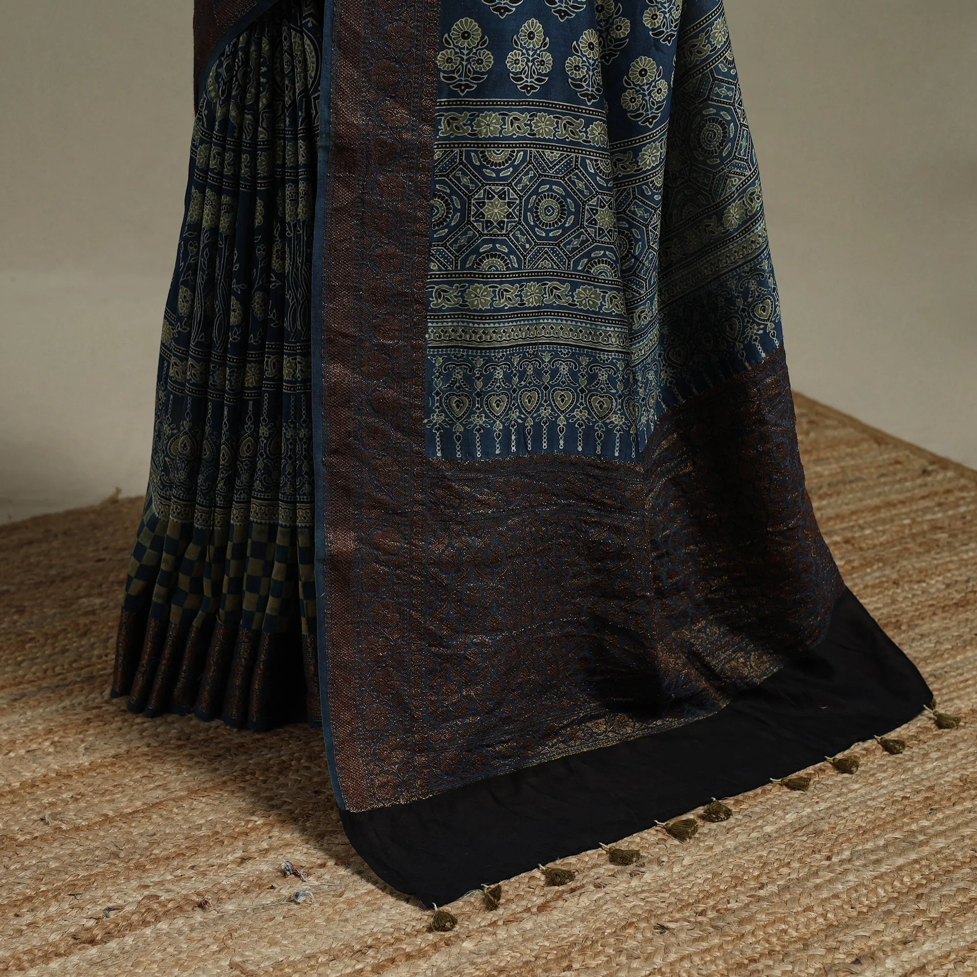 Blue - Natural Dyed Hand Block Print Chanderi Silk Ajrakh Saree with Zari Border 01 sold by Itokri product image thumbnail 4