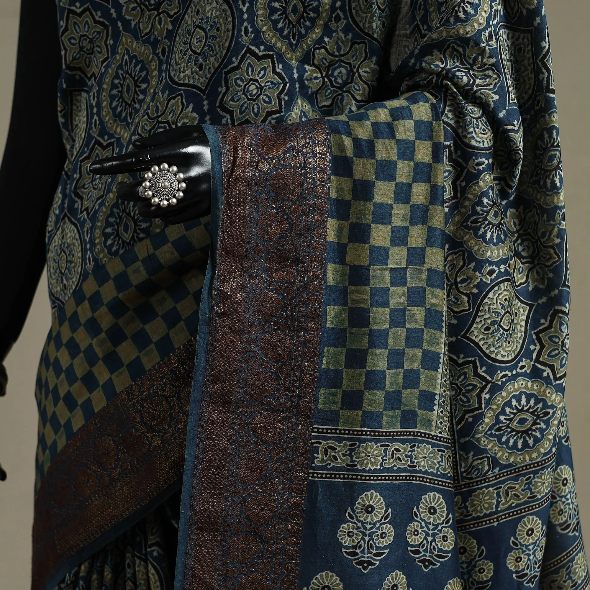 Blue - Natural Dyed Hand Block Print Chanderi Silk Ajrakh Saree with Zari Border 01 sold by Itokri product image thumbnail 3