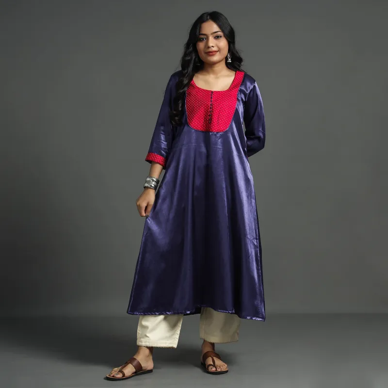Dark Purple - Plain Mashru Silk with Patchwork Floral A-Line Kurta sold by Itokri