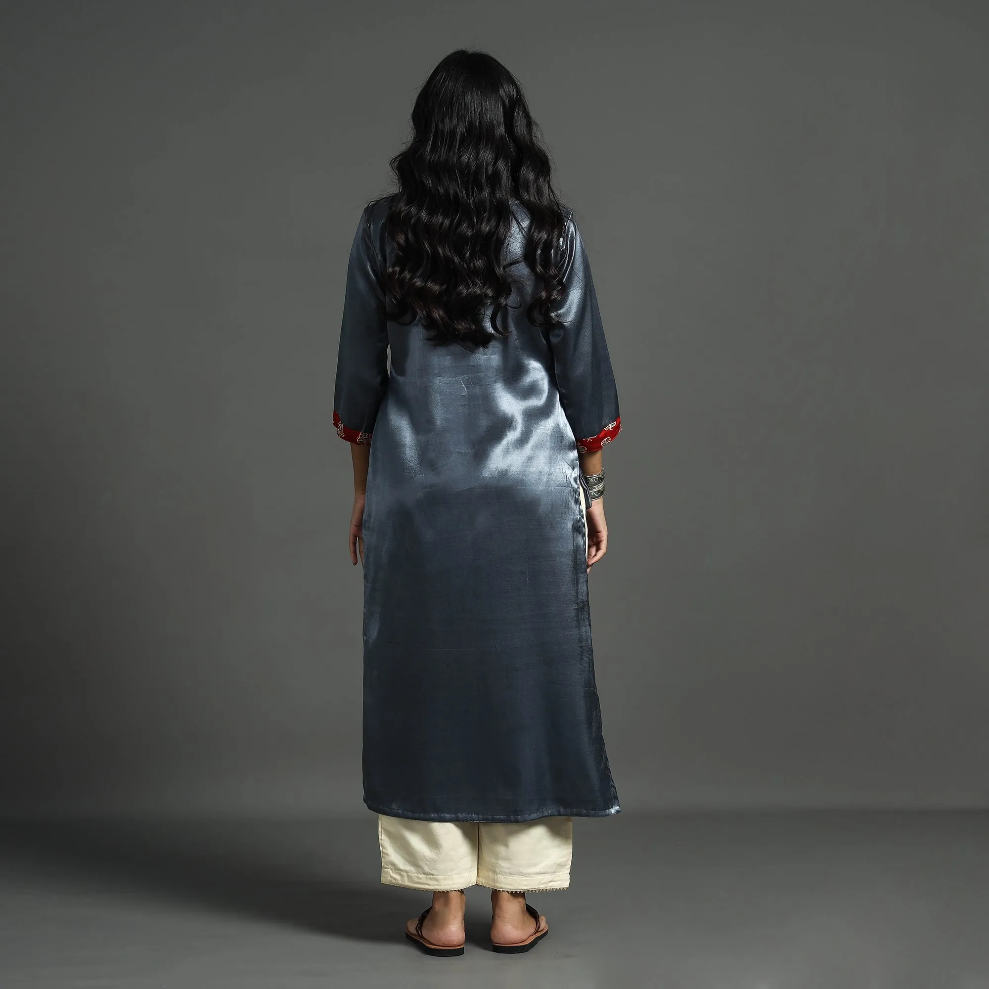 Dark Grey - Plain Mashru Silk with Ajrakh Patchwork Straight Kurta sold by Itokri product image thumbnail 4