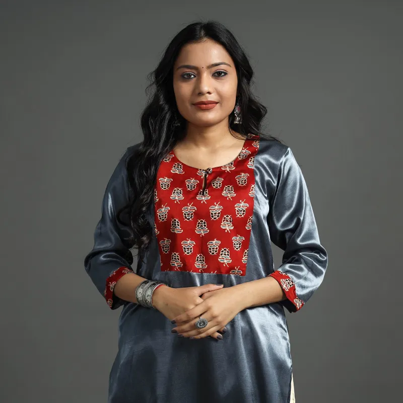 Dark Grey - Plain Mashru Silk with Ajrakh Patchwork Straight Kurta sold by Itokri