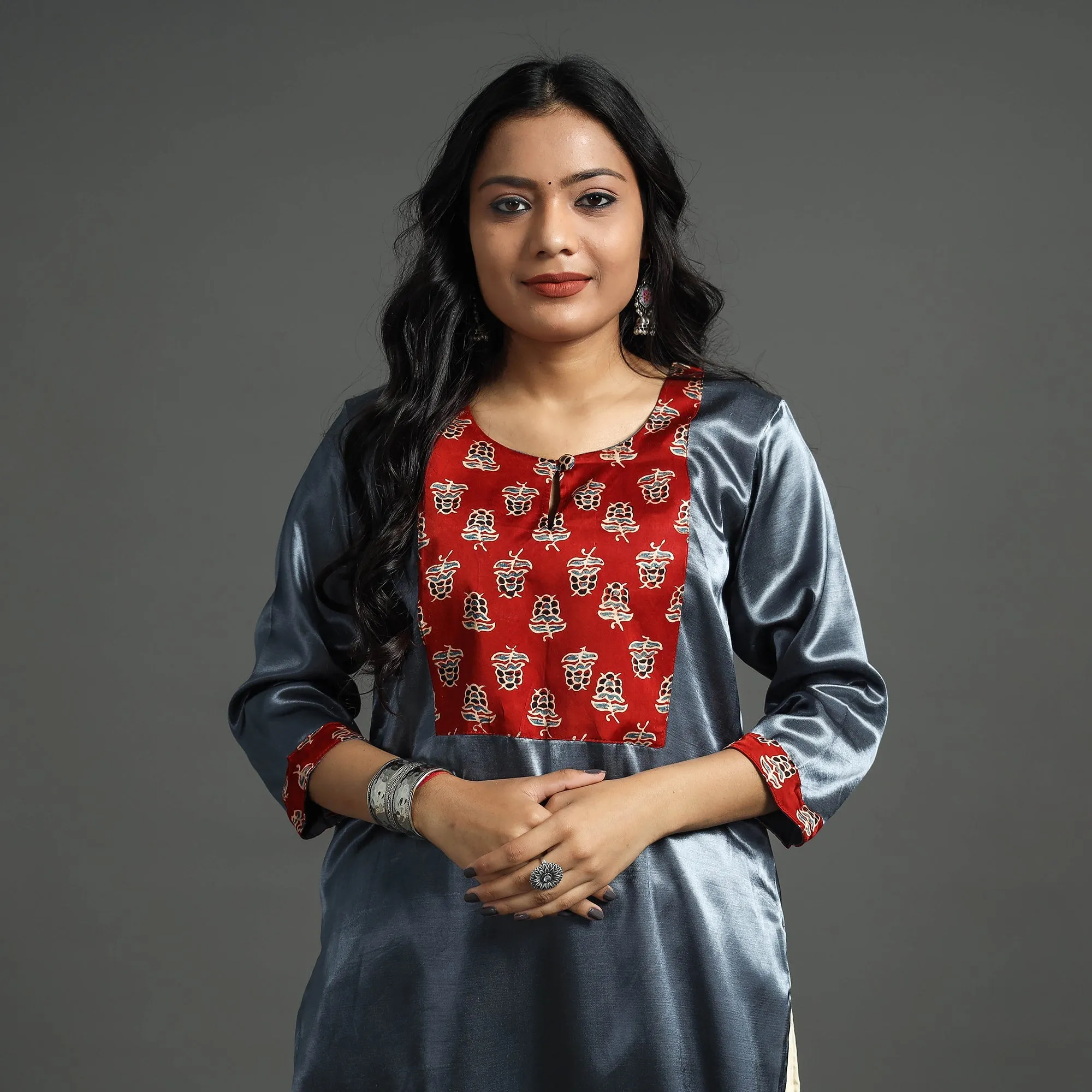 Dark Grey - Plain Mashru Silk with Ajrakh Patchwork Straight Kurta sold by Itokri