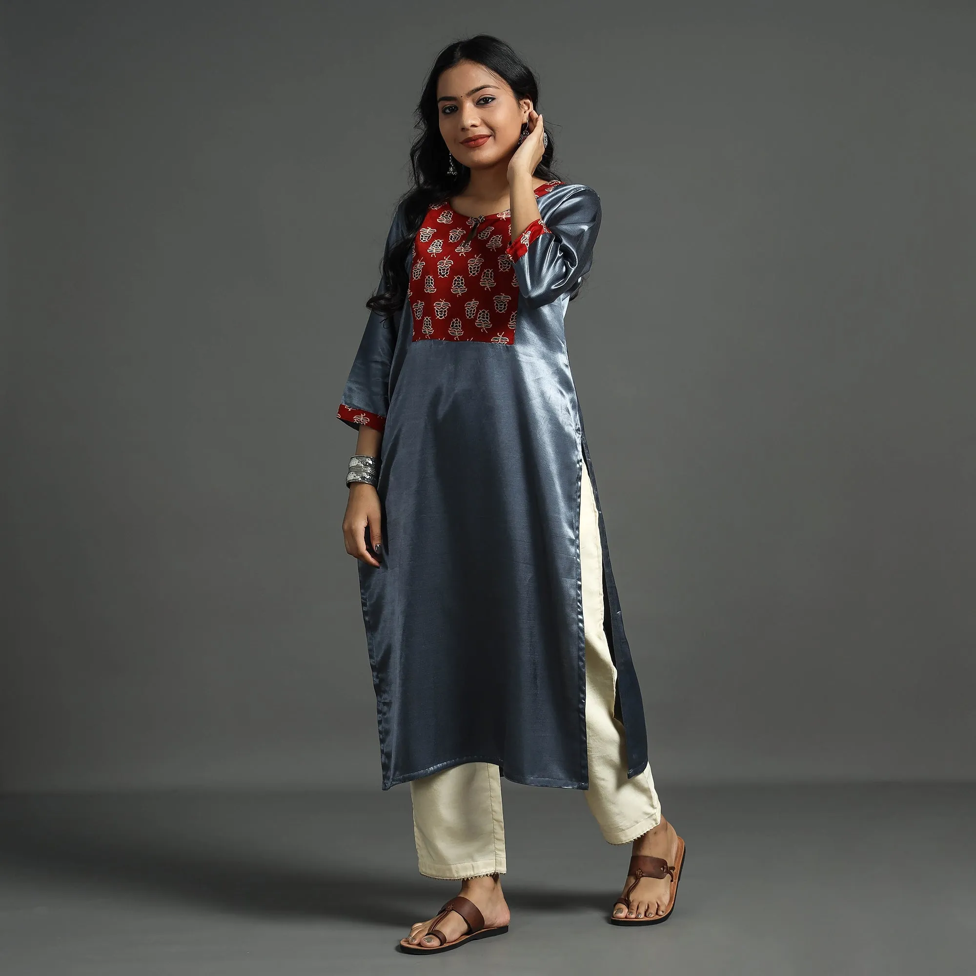 Dark Grey - Plain Mashru Silk with Ajrakh Patchwork Straight Kurta sold by Itokri product image thumbnail 3